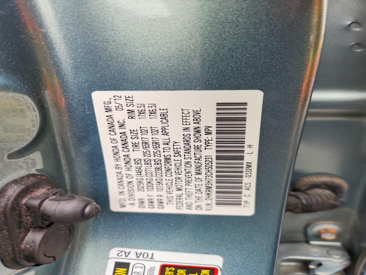 2012 Honda Cr-v Exl Teal vin: 2HKRM3H73CH505231
