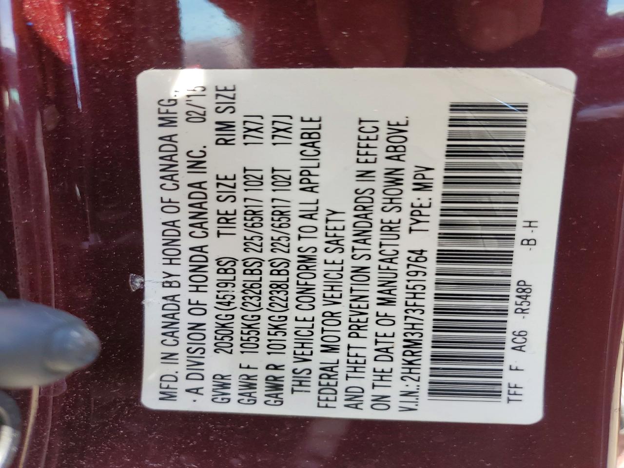 2015 Honda Cr-v Exl Burgundy vin: 2HKRM3H73FH519764