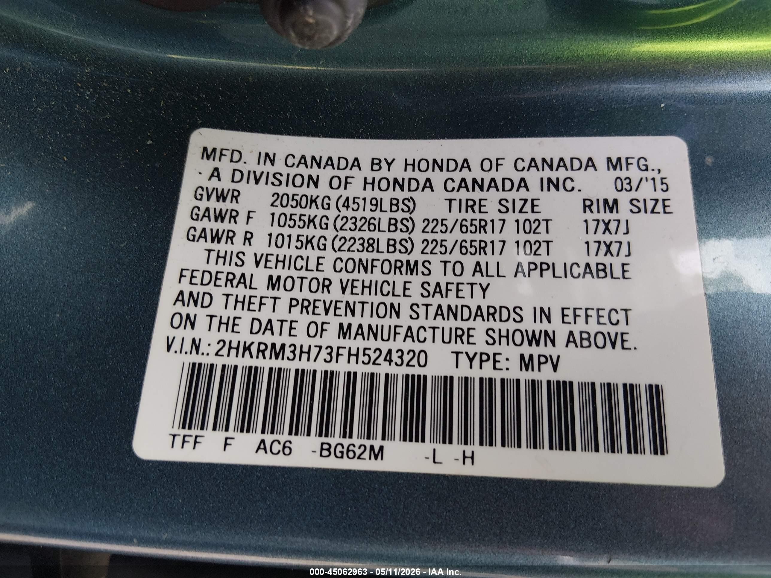 2015 Honda Cr-v Ex-l Blue vin: 2HKRM3H73FH524320