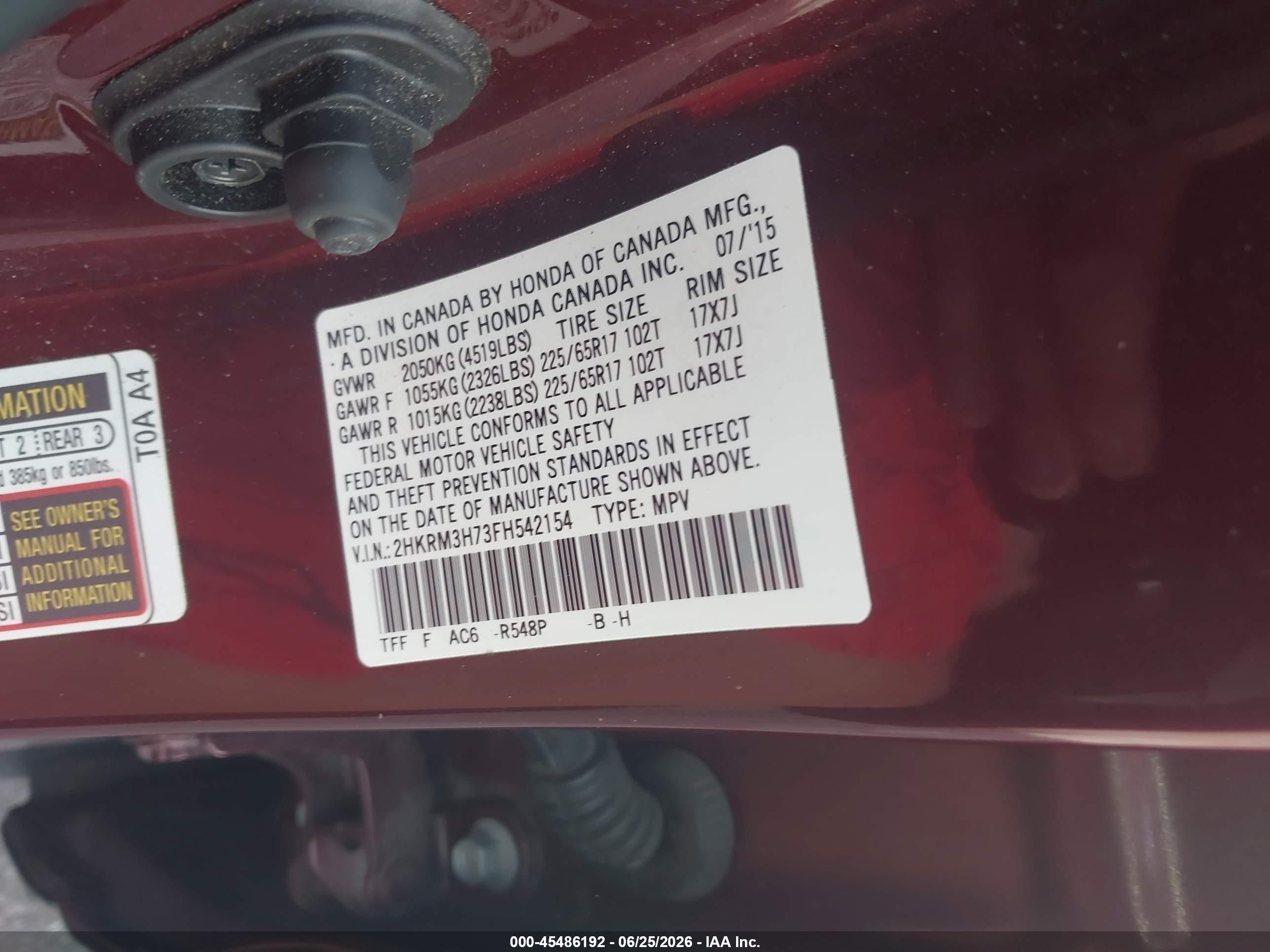 2015 Honda Cr-v Ex-l Burgundy vin: 2HKRM3H73FH542154