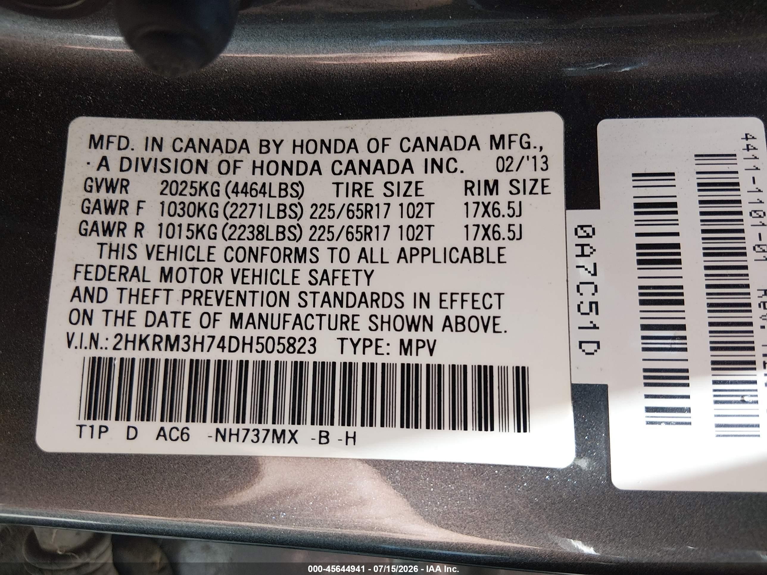 2013 Honda Cr-v Ex-l Blue vin: 2HKRM3H74DH505823