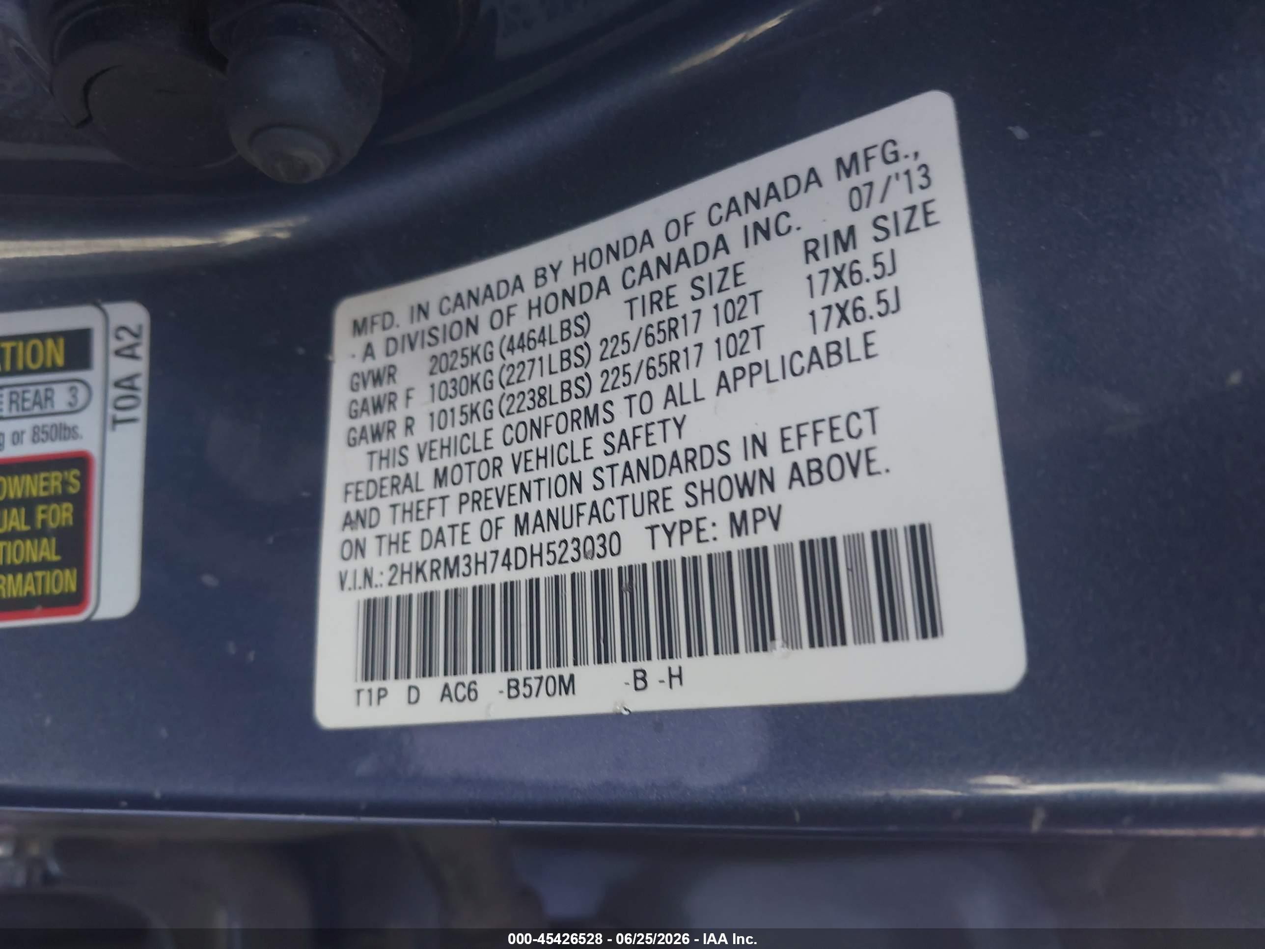 2013 Honda Cr-v Ex-l Blue vin: 2HKRM3H74DH523030