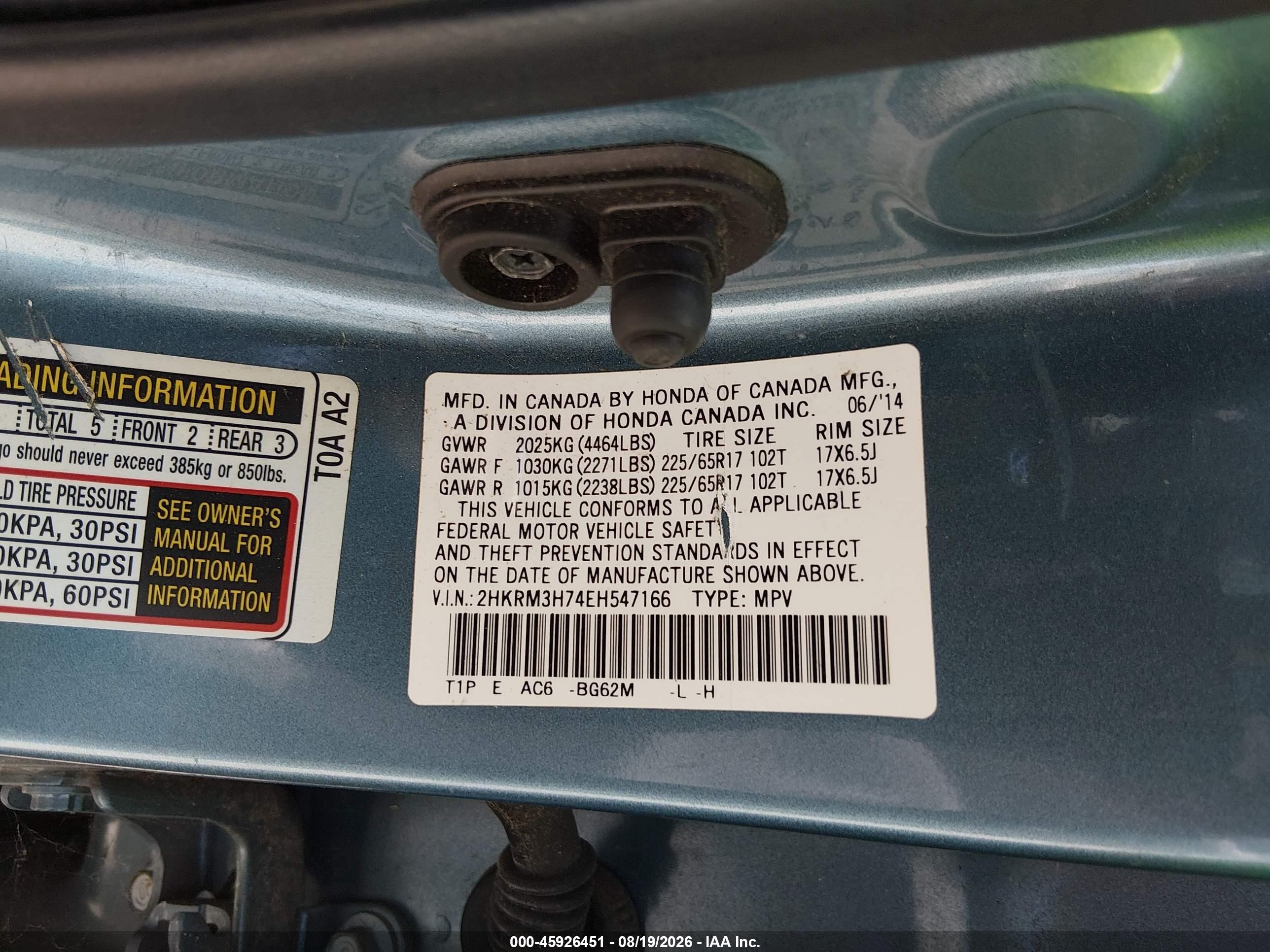 2014 Honda Cr-v Ex-l Blue vin: 2HKRM3H74EH547166