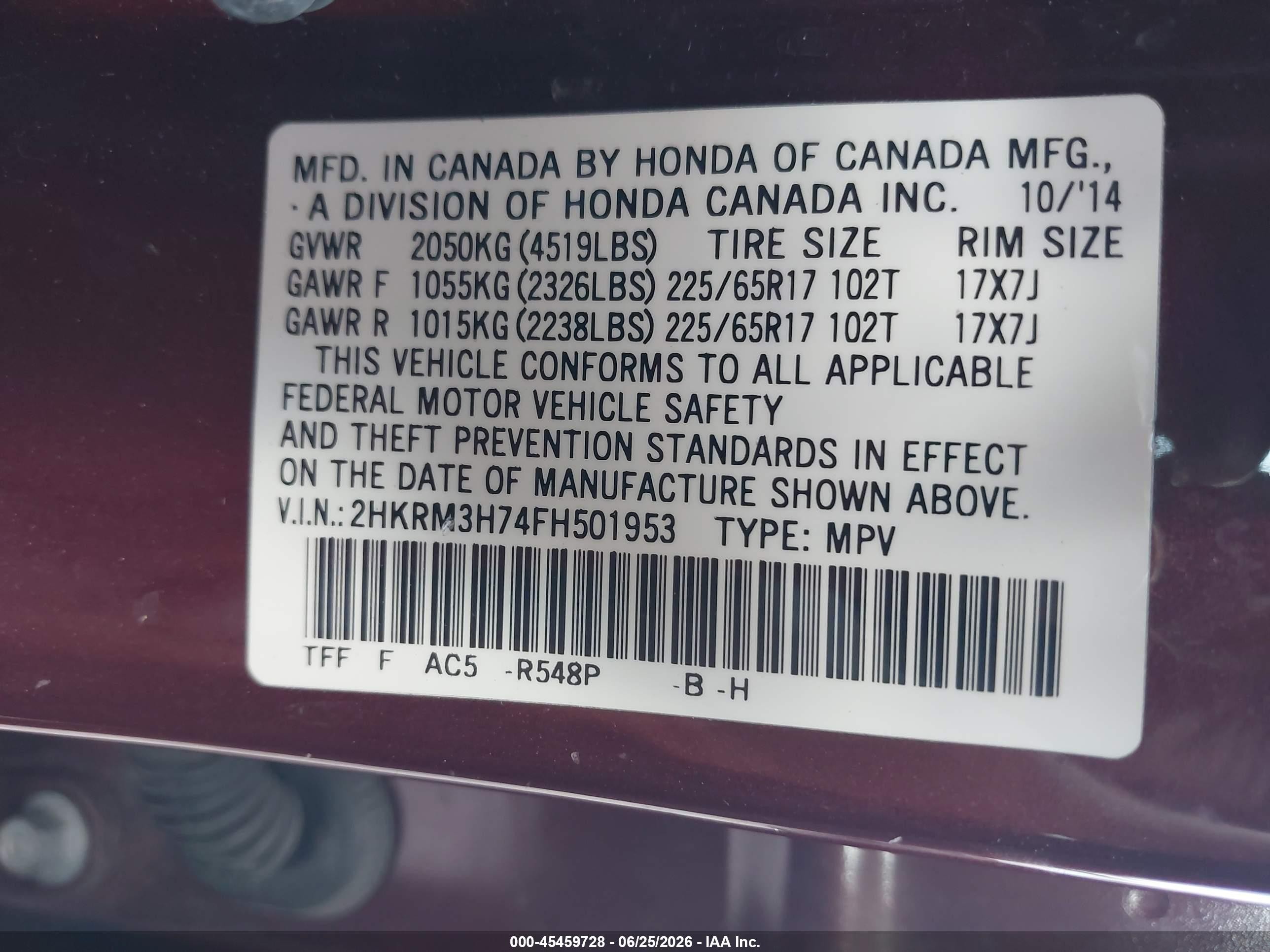 2015 Honda Cr-v Ex-l Burgundy vin: 2HKRM3H74FH501953