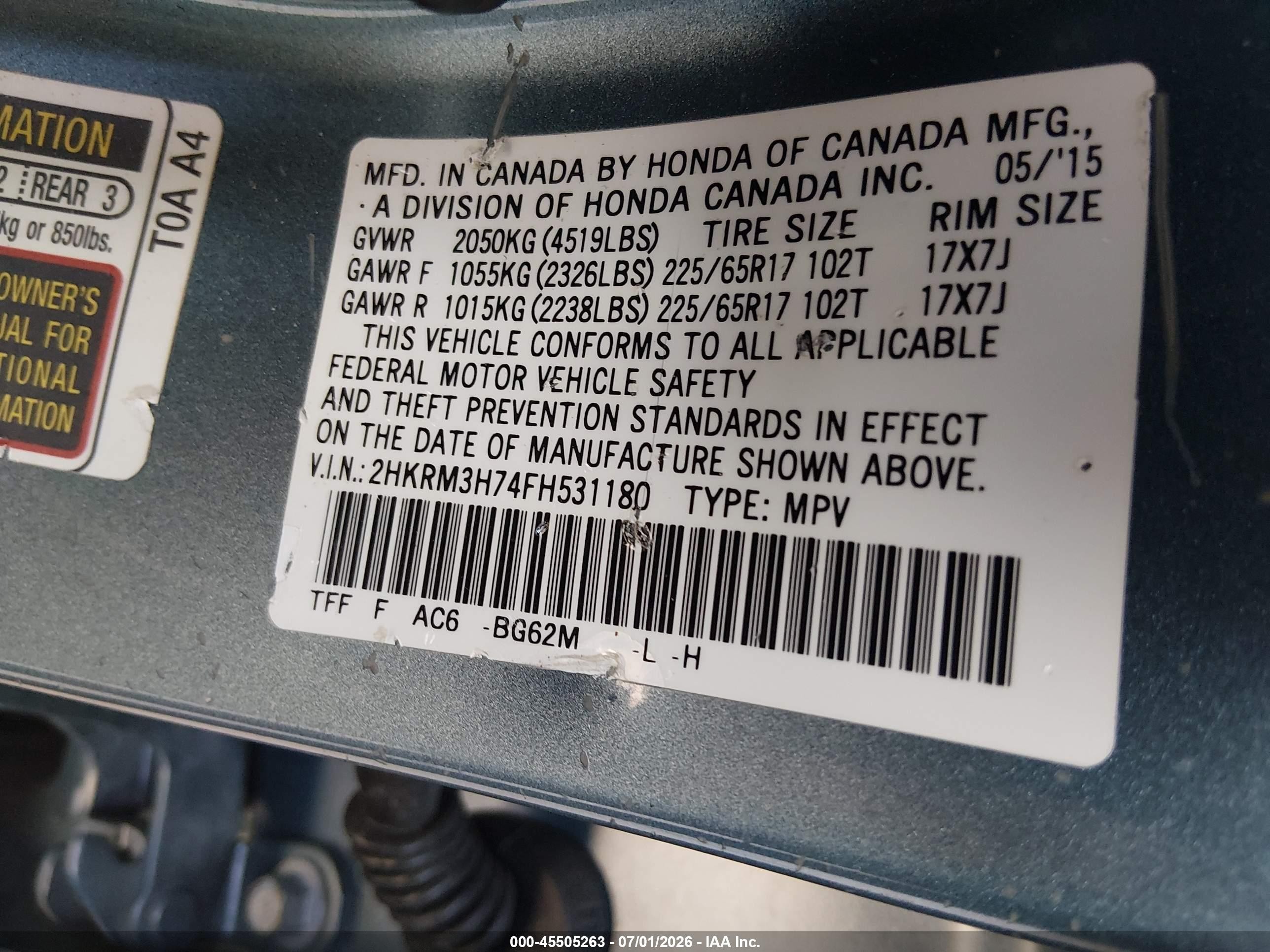 2015 Honda Cr-v Ex-l Blue vin: 2HKRM3H74FH531180