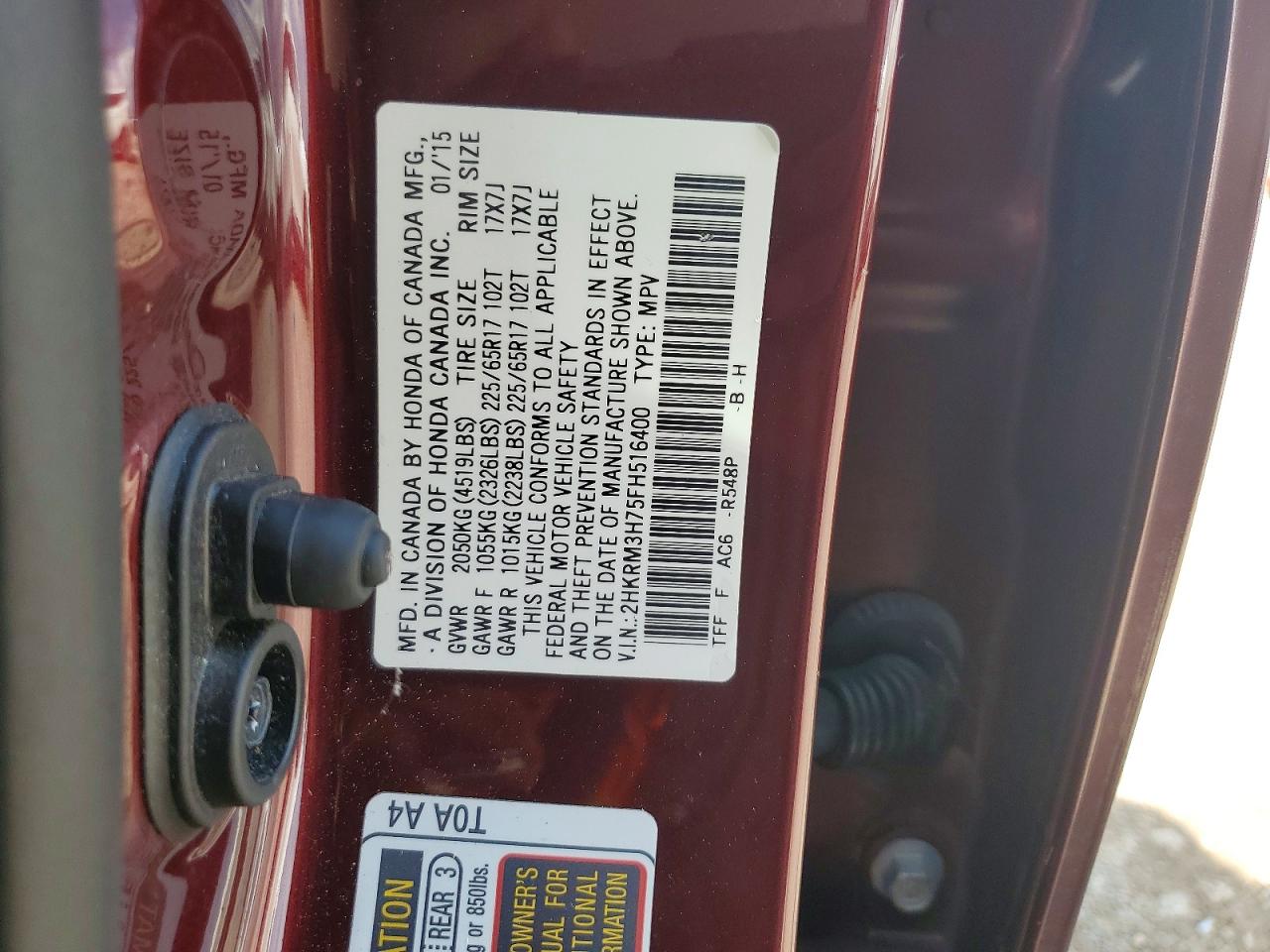 2015 Honda Cr-v Exl Burgundy vin: 2HKRM3H75FH516400