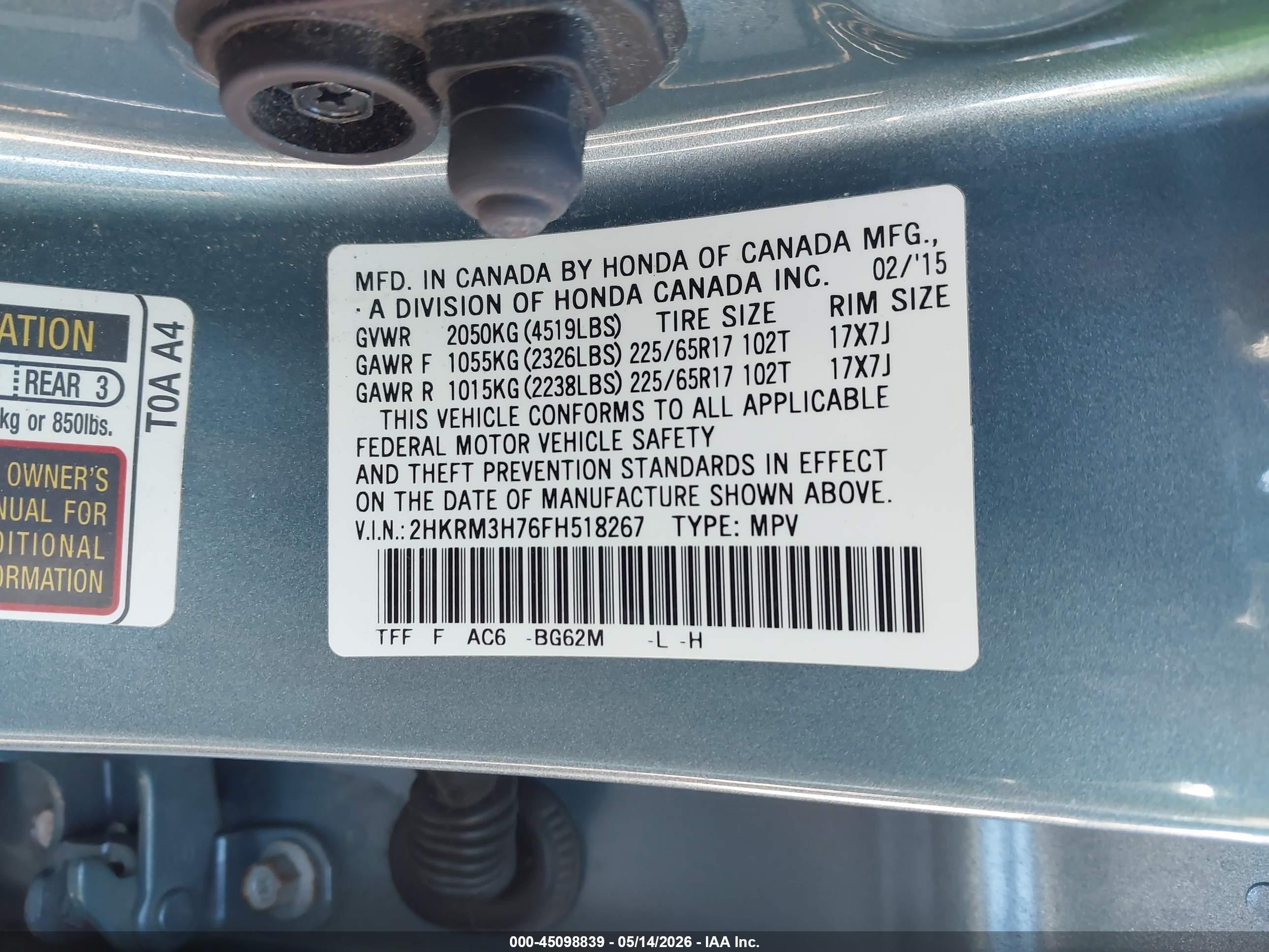 2015 Honda Cr-v Ex-l Blue vin: 2HKRM3H76FH518267