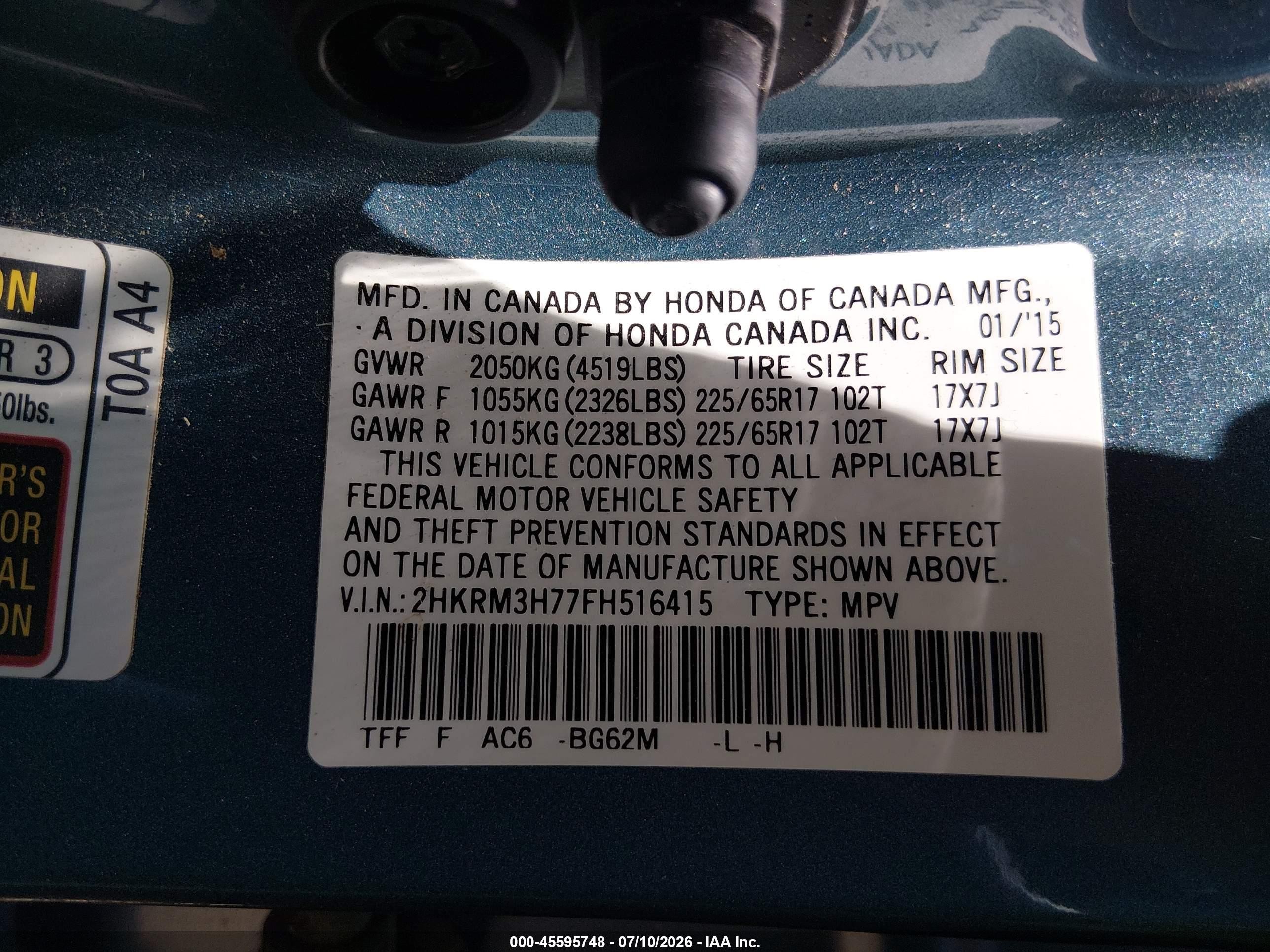 2015 Honda Cr-v Ex-l Blue vin: 2HKRM3H77FH516415