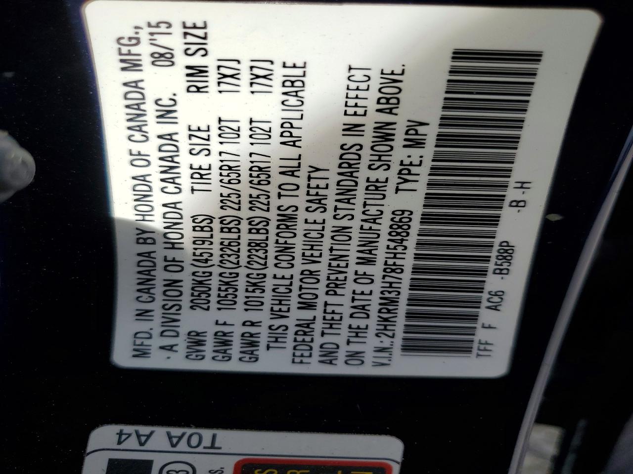 2015 Honda Cr-v Exl Blue vin: 2HKRM3H78FH548869