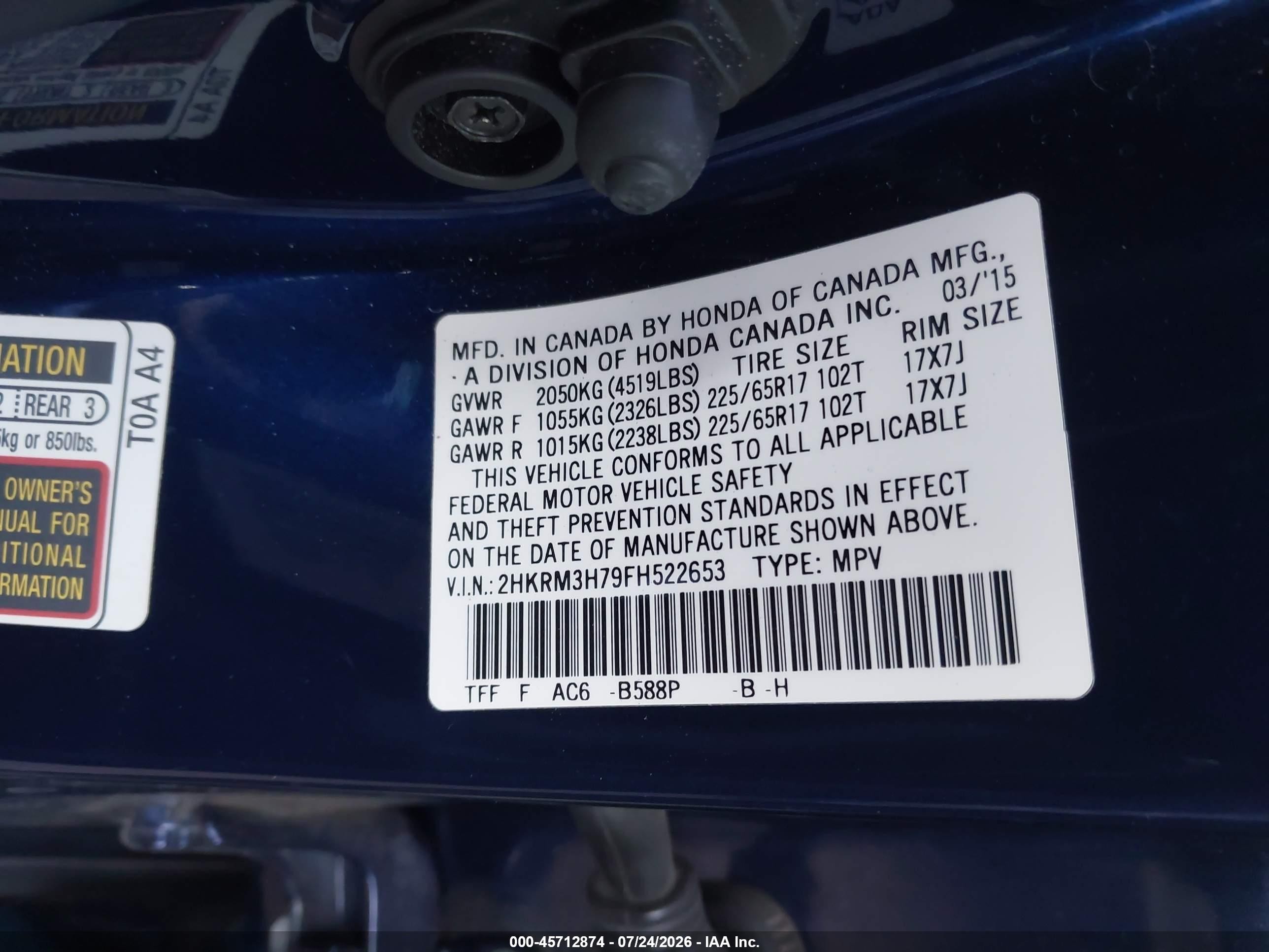 2015 Honda Cr-v Ex-l Blue vin: 2HKRM3H79FH522653