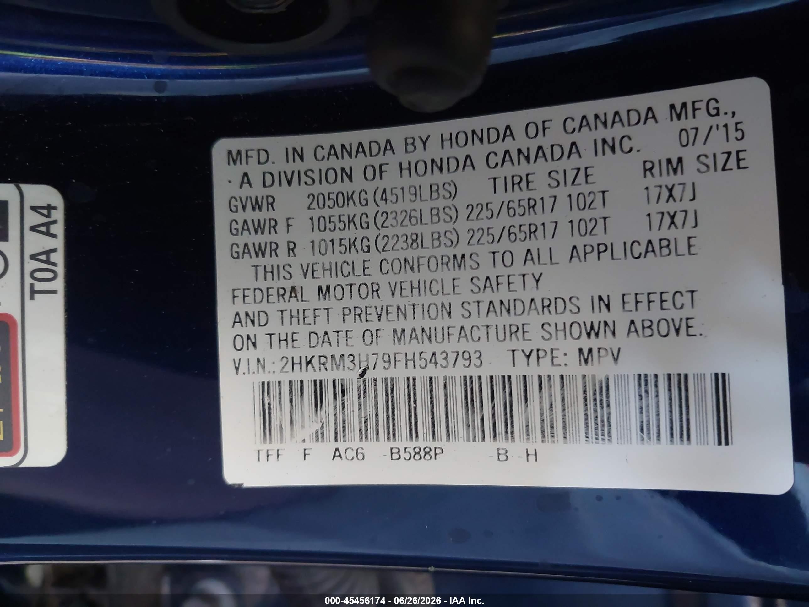 2015 Honda Cr-v Ex-l Blue vin: 2HKRM3H79FH543793