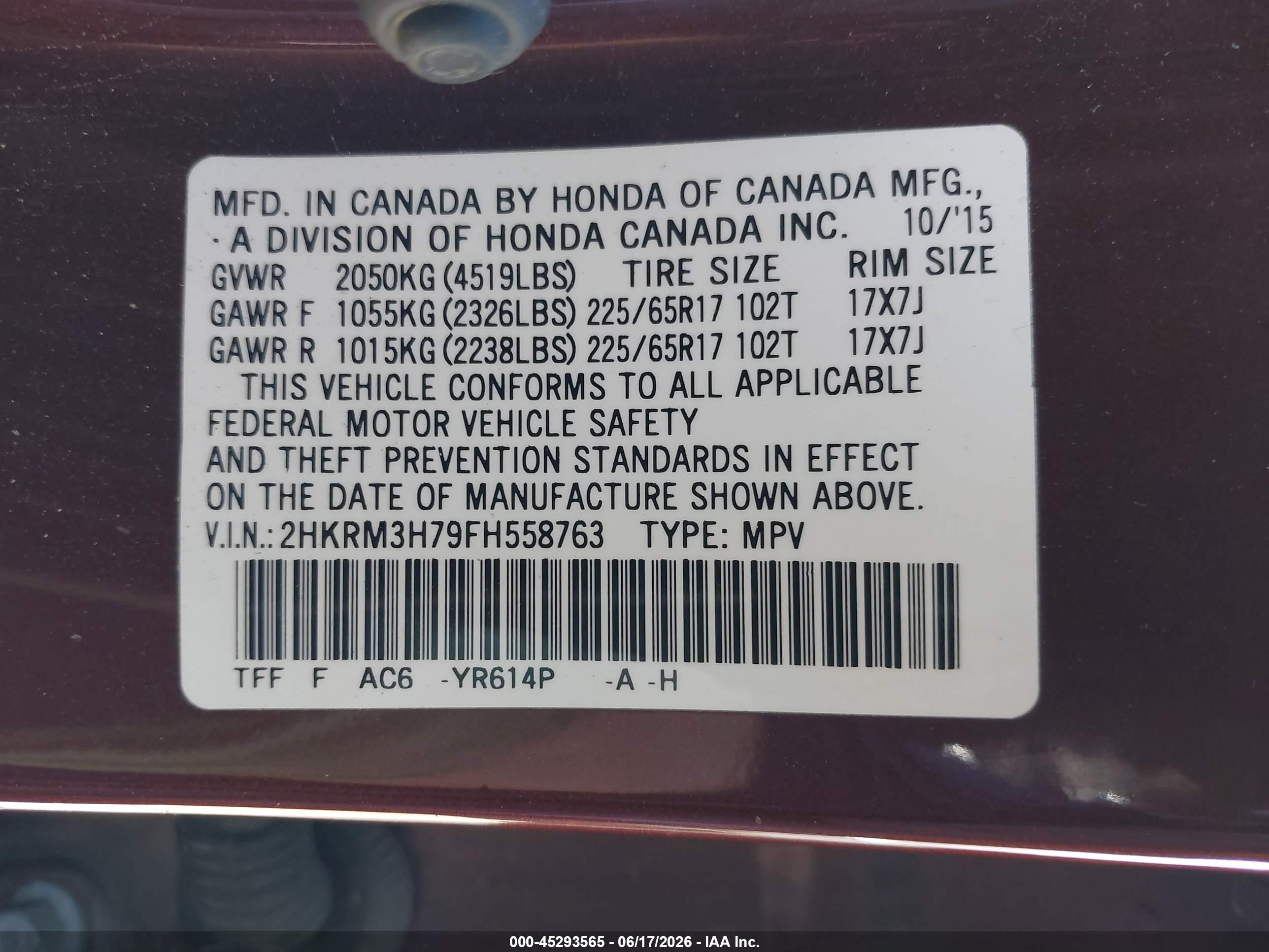 2015 Honda Cr-v Ex-l Maroon vin: 2HKRM3H79FH558763