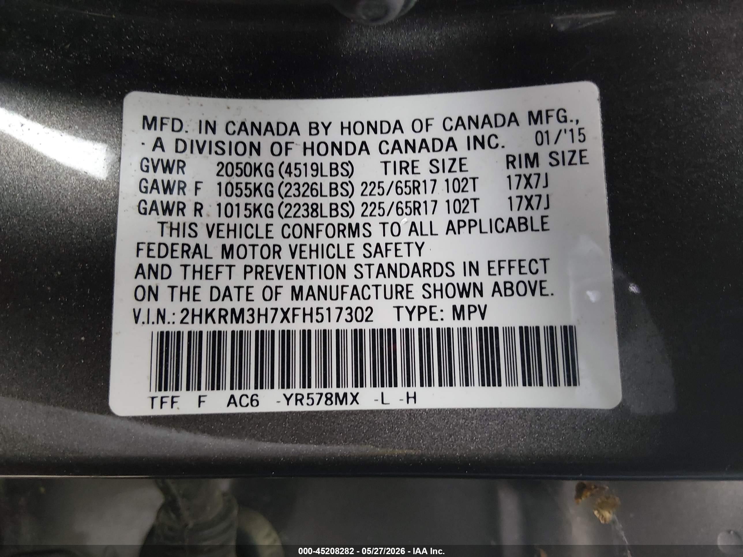 2015 Honda Cr-v Ex-l Gray vin: 2HKRM3H7XFH517302