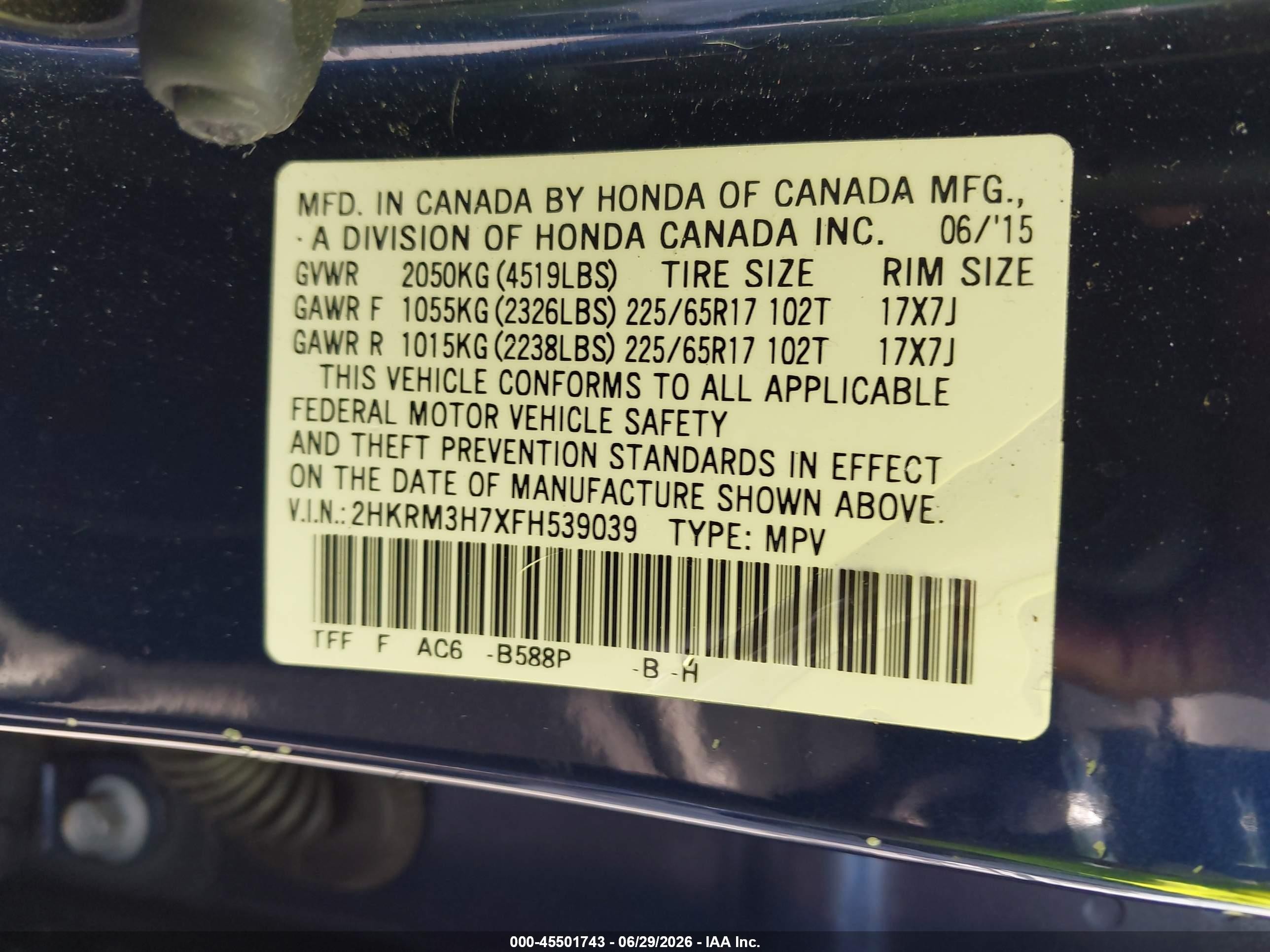 2015 Honda Cr-v Ex-l Blue vin: 2HKRM3H7XFH539039