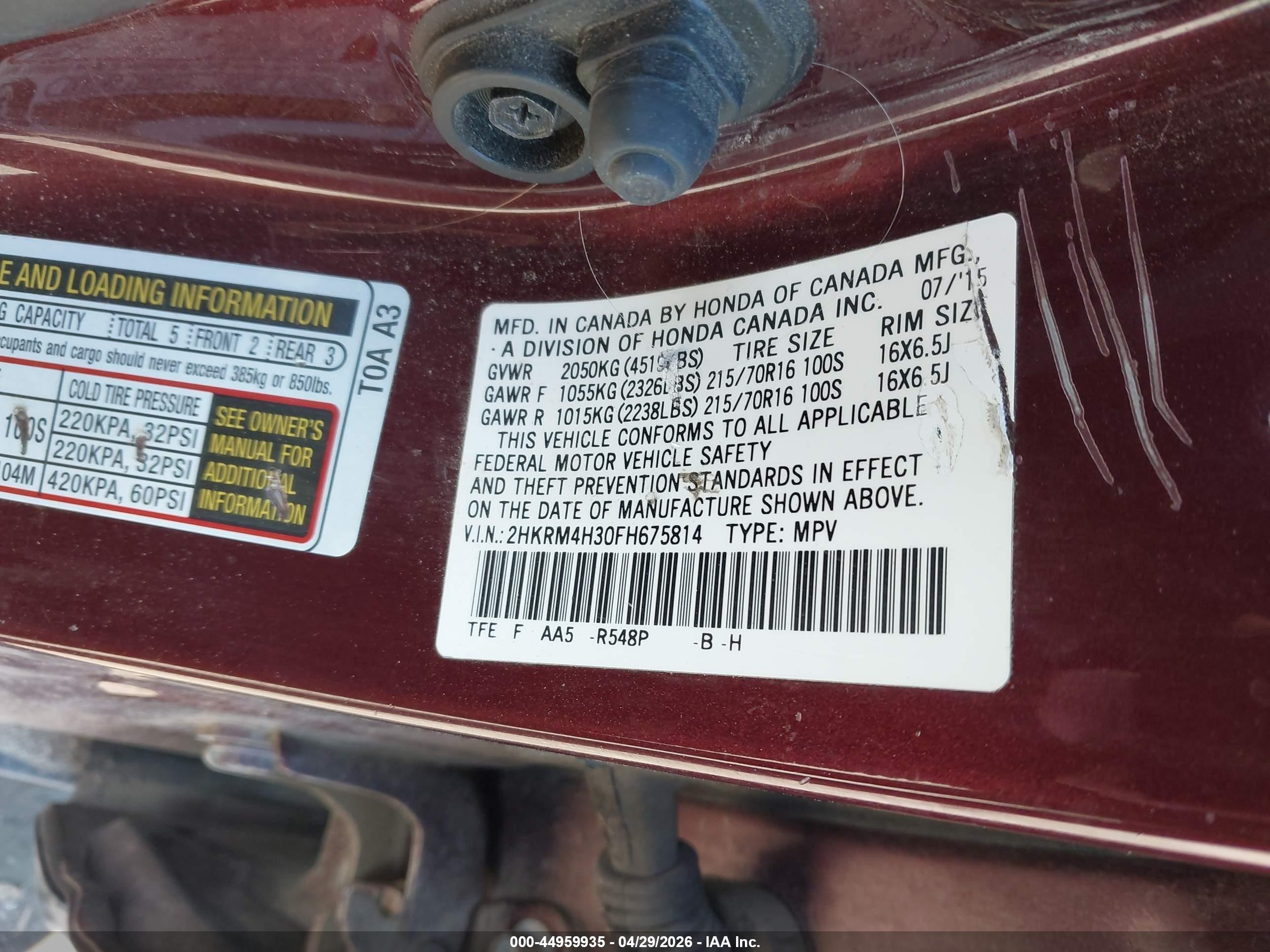 2015 Honda Cr-v Lx Maroon vin: 2HKRM4H30FH675814