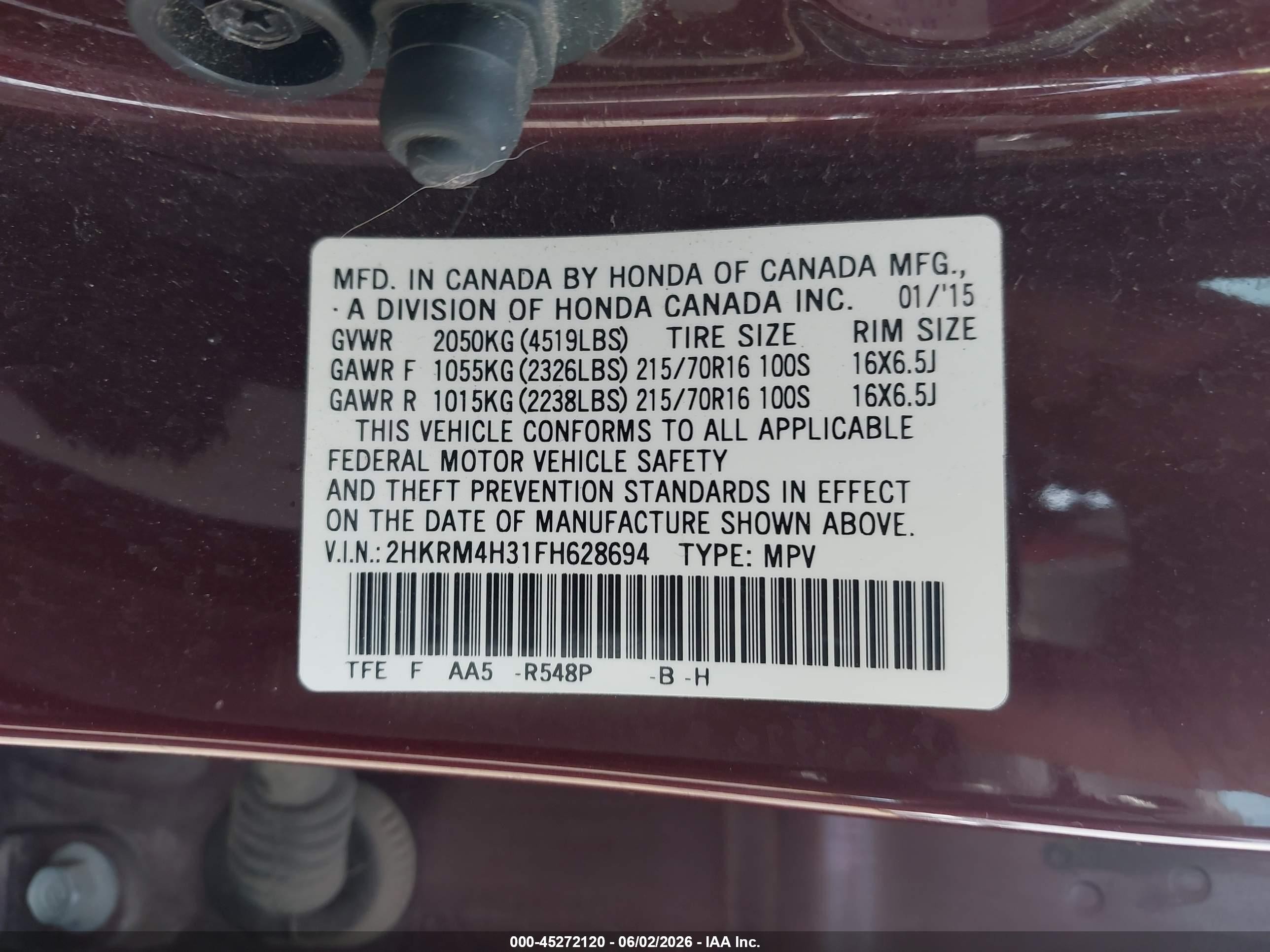 2015 Honda Cr-v Lx Maroon vin: 2HKRM4H31FH628694