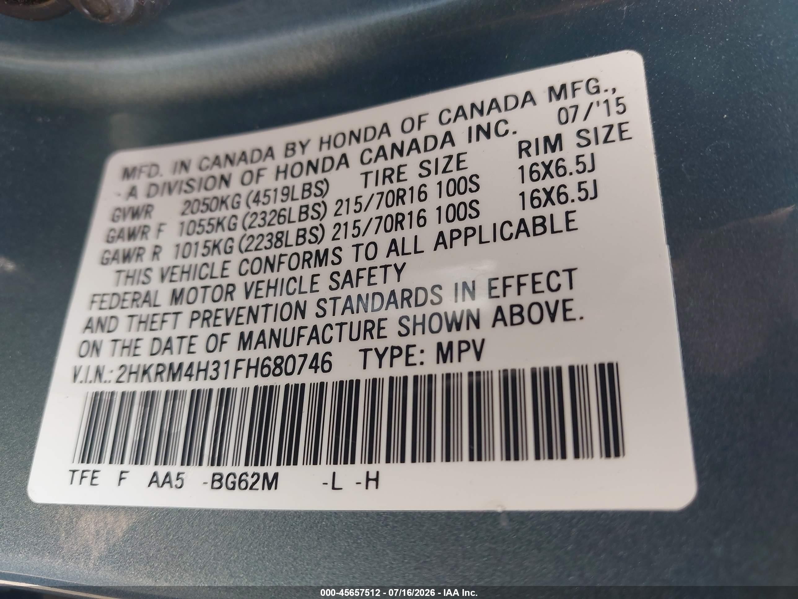 2015 Honda Cr-v Lx Light Blue vin: 2HKRM4H31FH680746