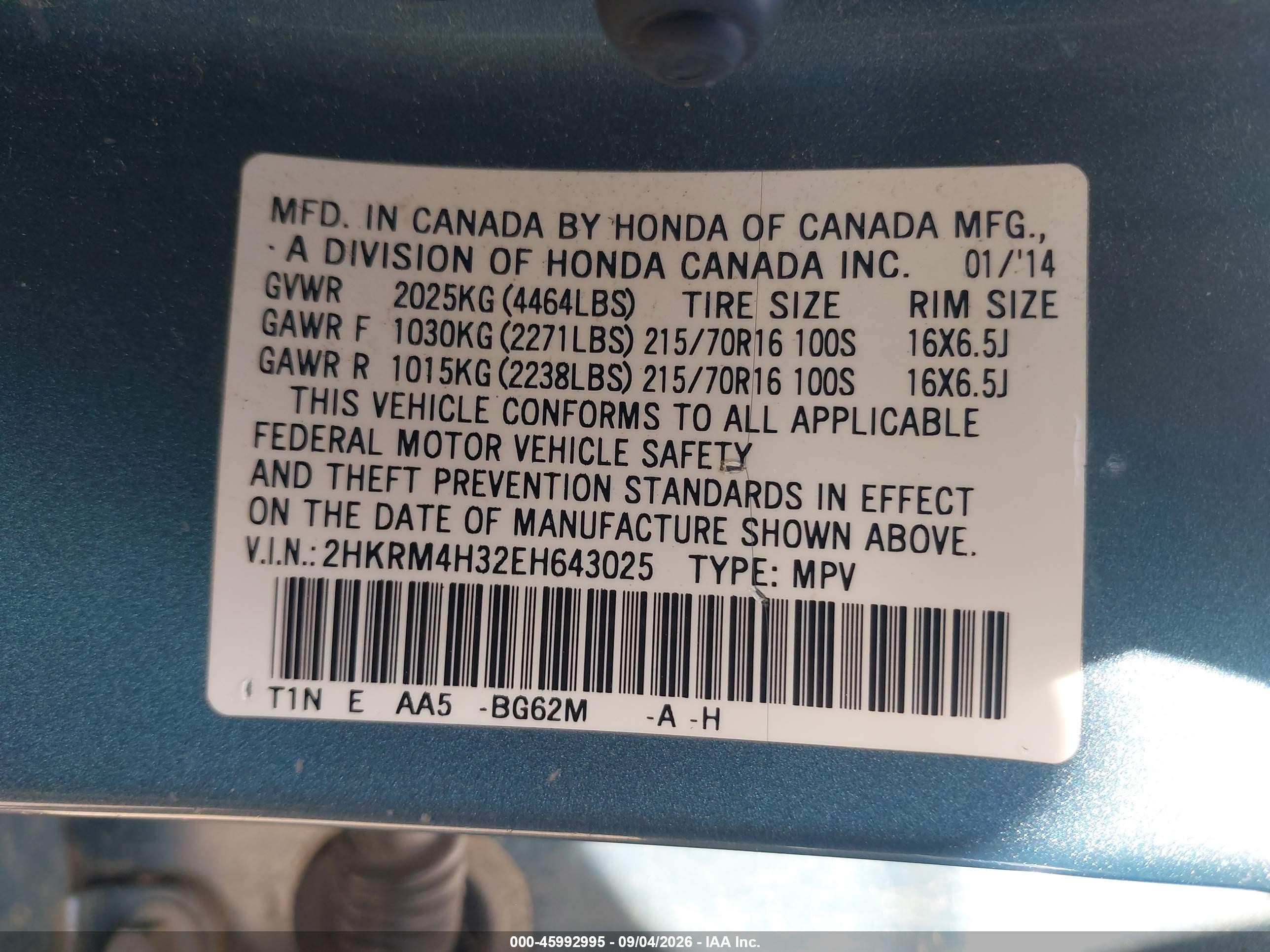 2014 Honda Cr-v Lx Blue vin: 2HKRM4H32EH643025