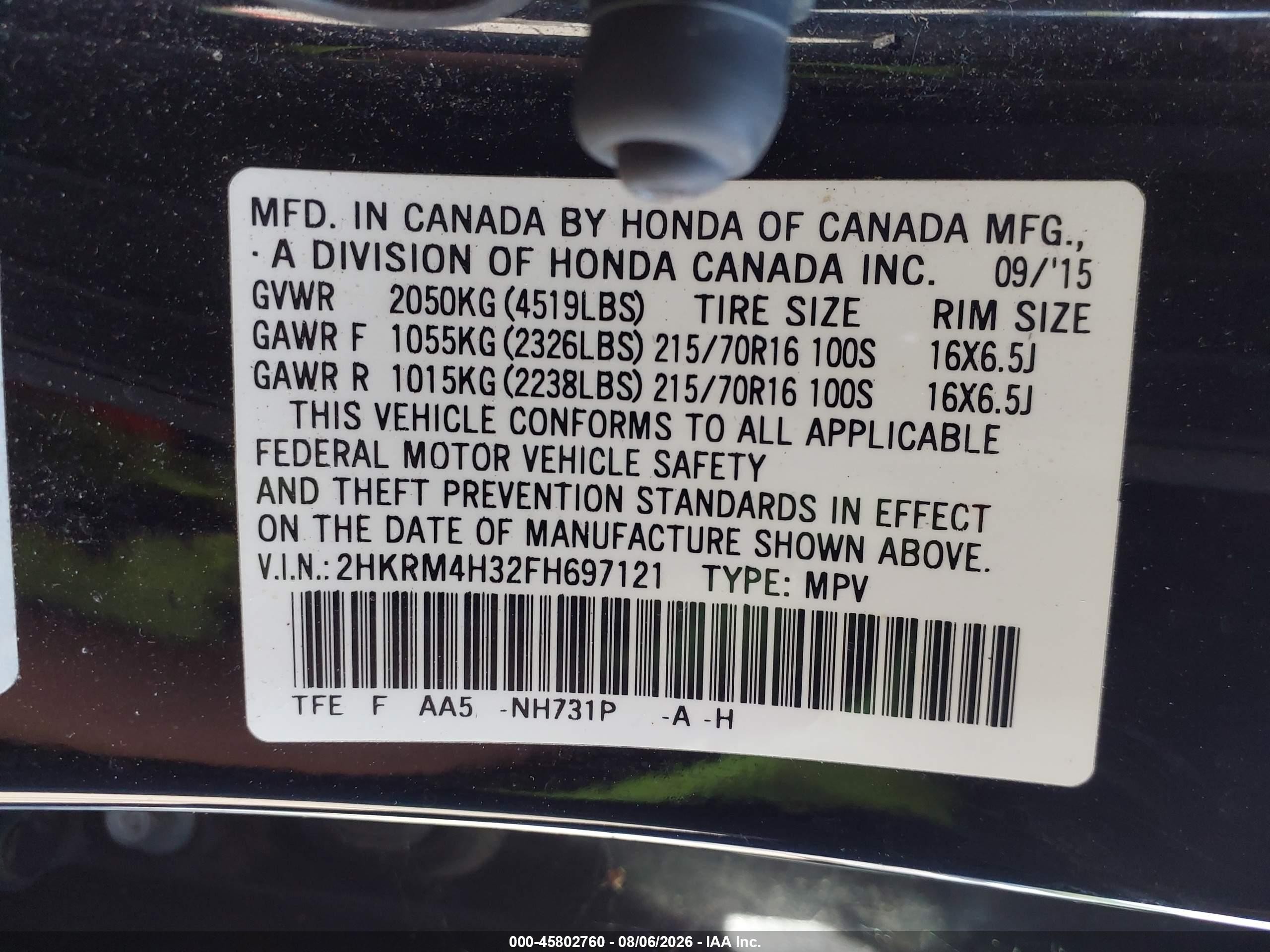 2015 Honda Cr-v Lx Black vin: 2HKRM4H32FH697121