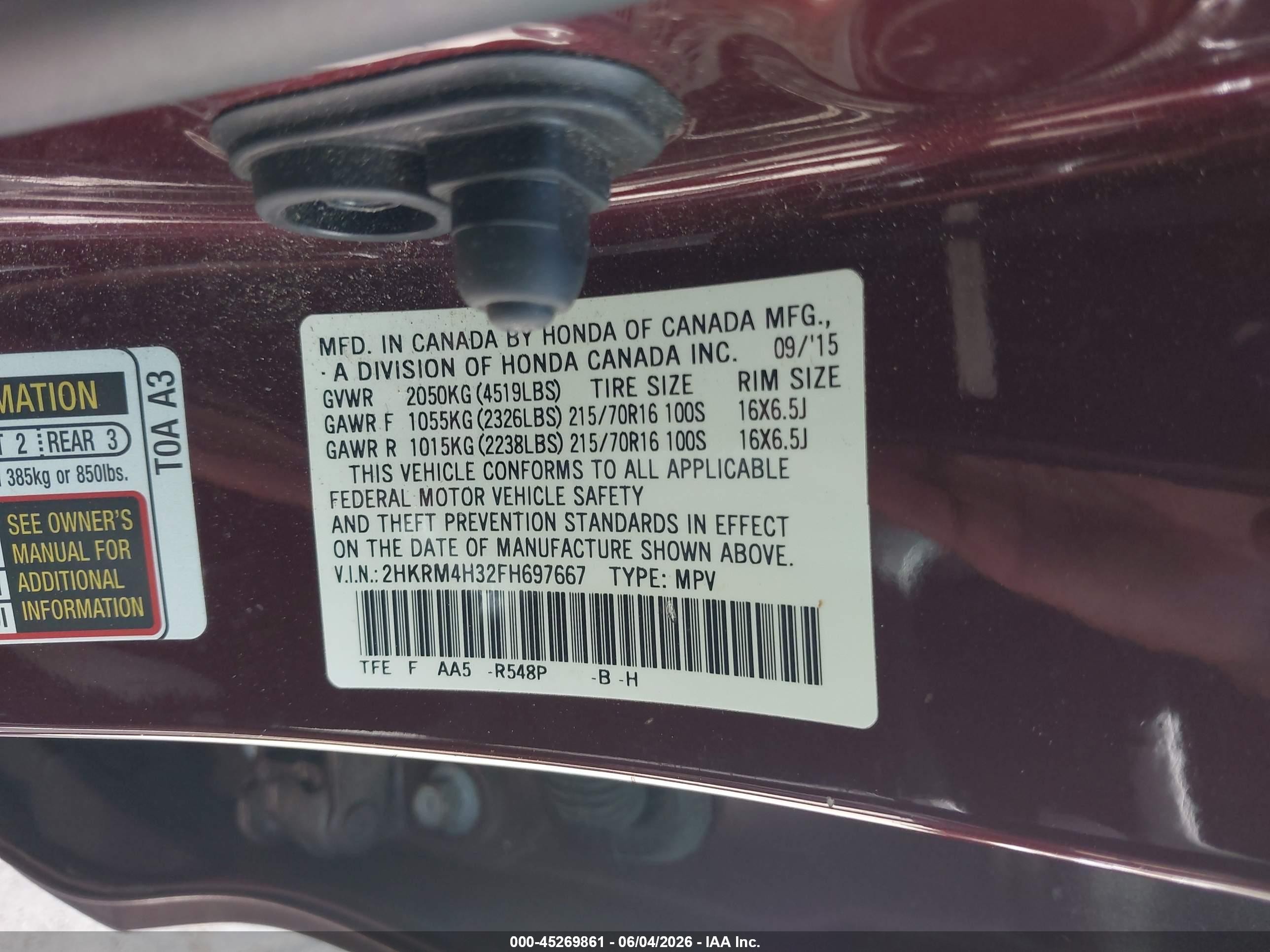 2015 Honda Cr-v Lx Burgundy vin: 2HKRM4H32FH697667