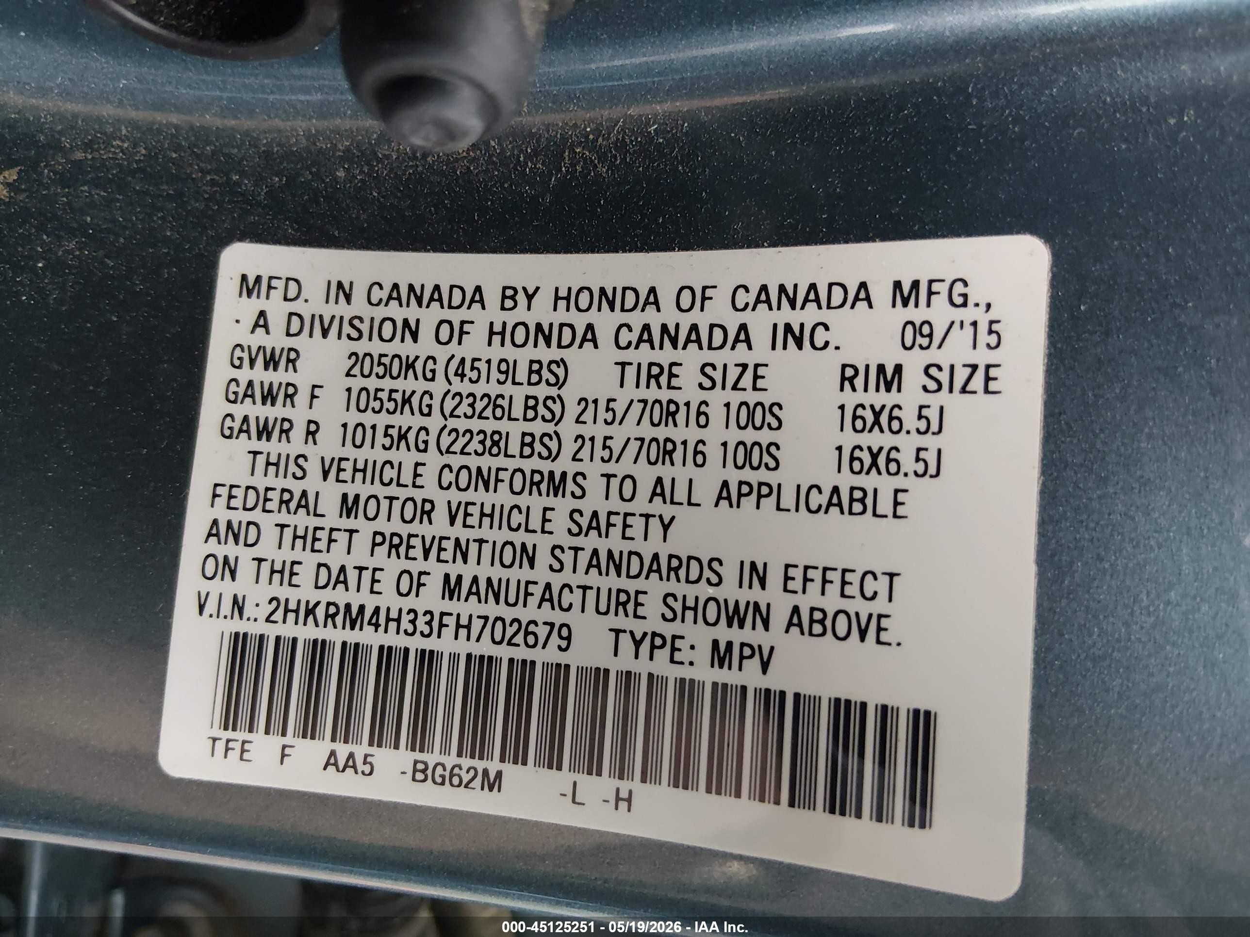 2015 Honda Cr-v Lx Blue vin: 2HKRM4H33FH702679