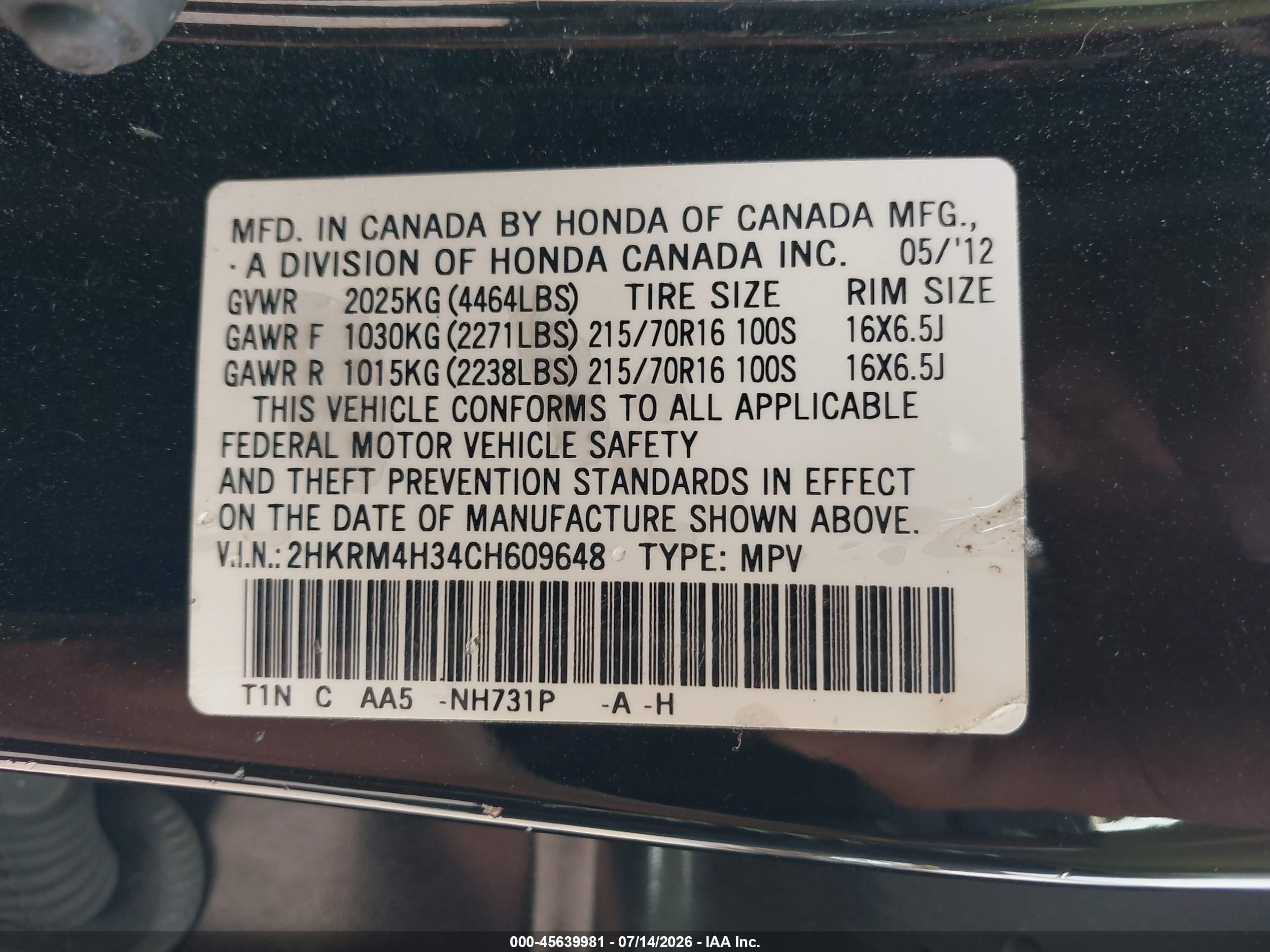 2012 Honda Cr-v Lx Black vin: 2HKRM4H34CH609648