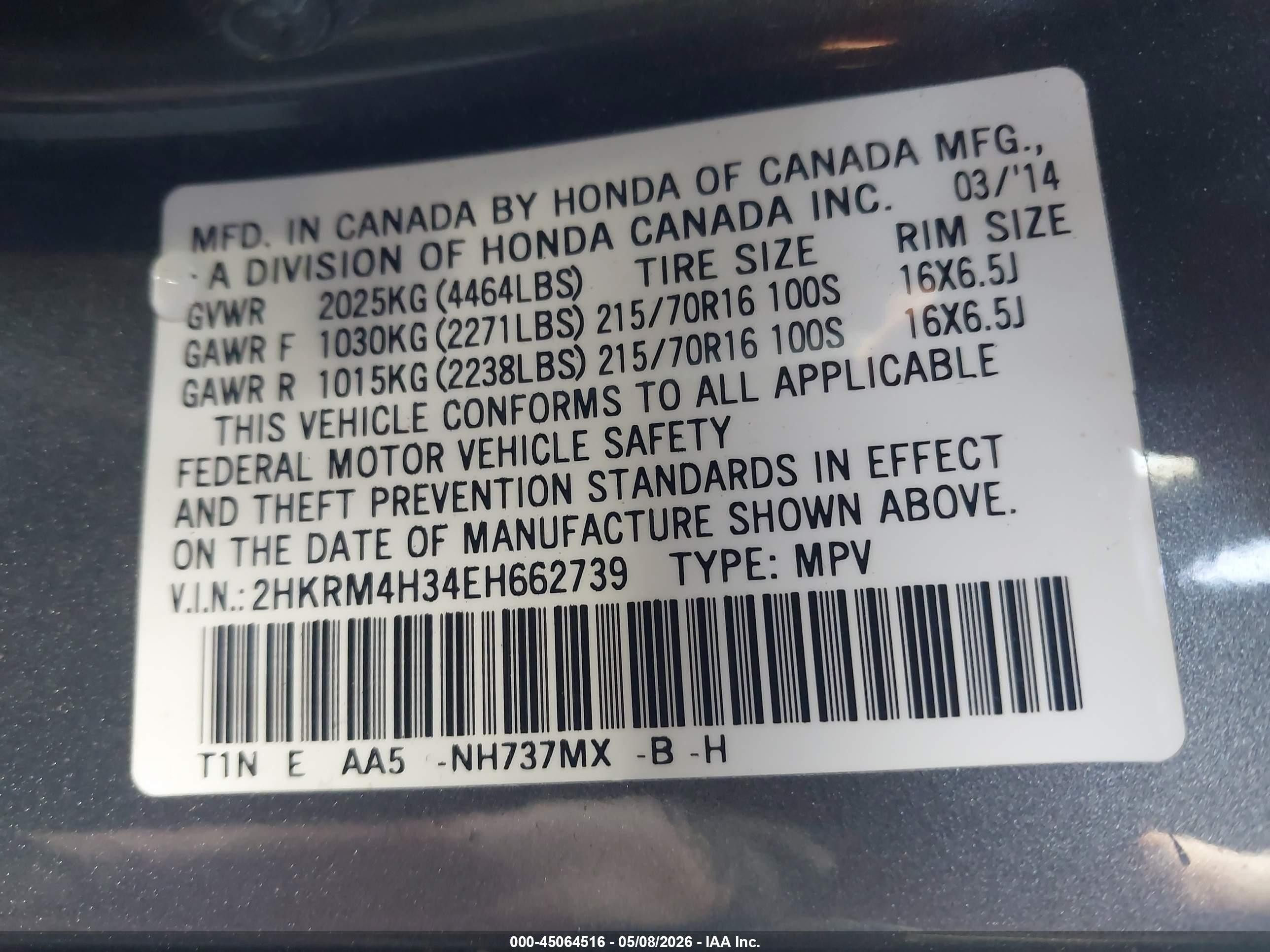 2014 Honda Cr-v Lx Gray vin: 2HKRM4H34EH662739