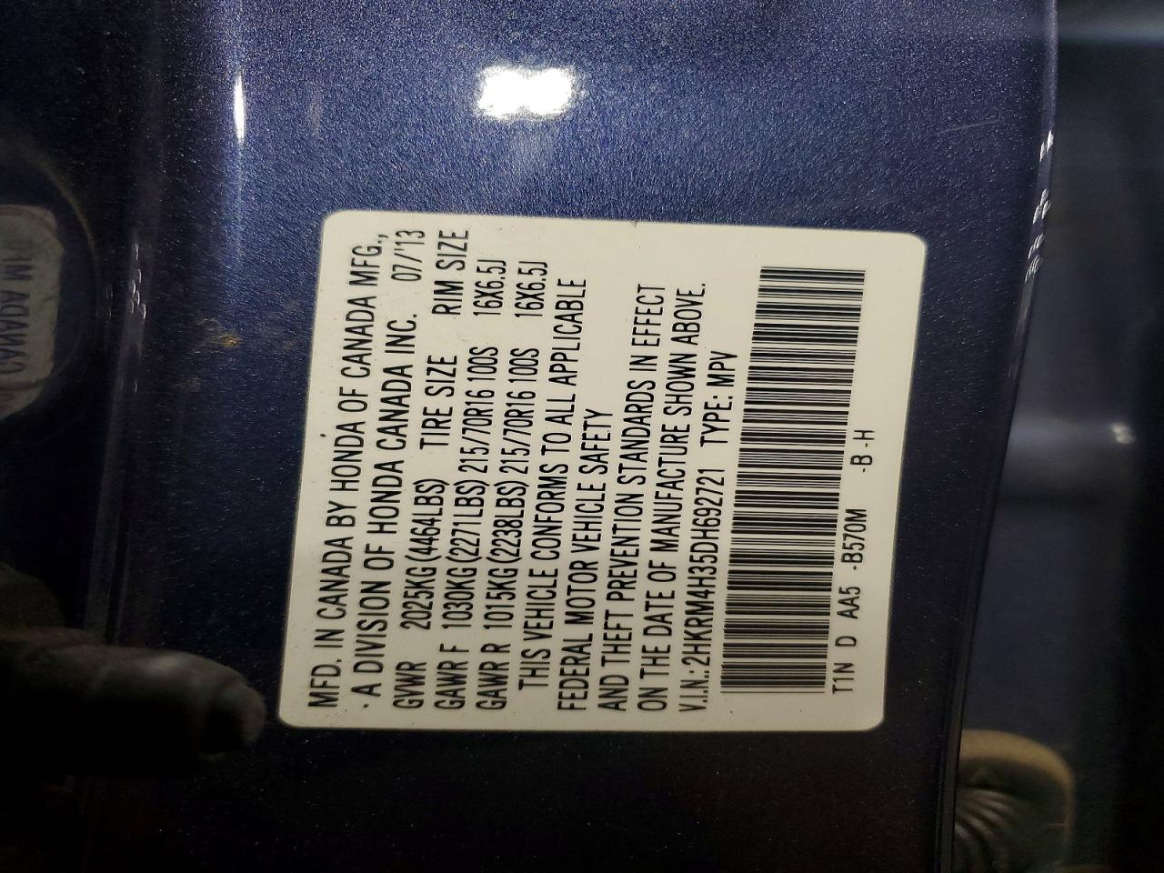 2013 Honda Cr-v Lx Blue vin: 2HKRM4H35DH692721