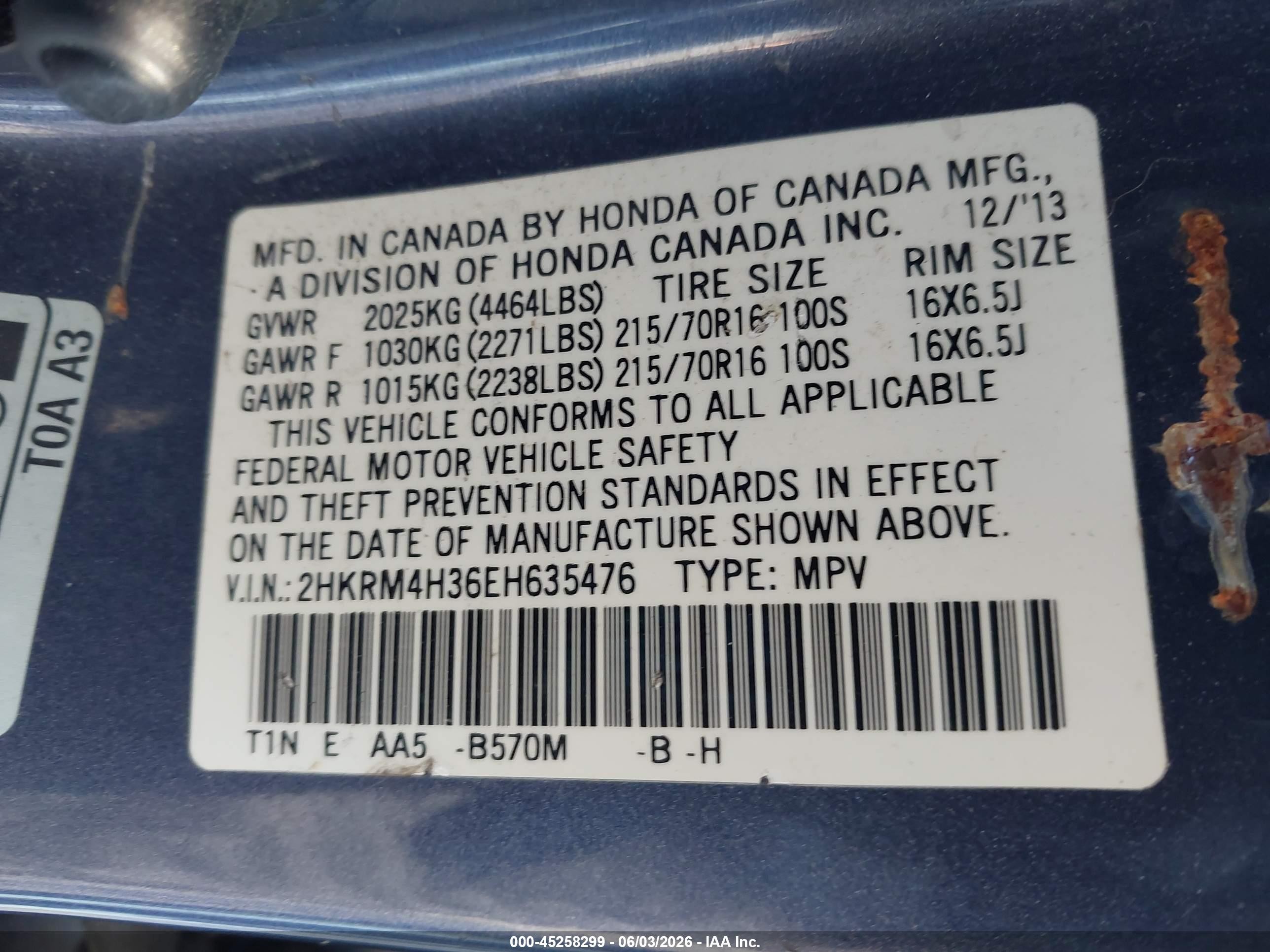 2014 Honda Cr-v Lx Blue vin: 2HKRM4H36EH635476