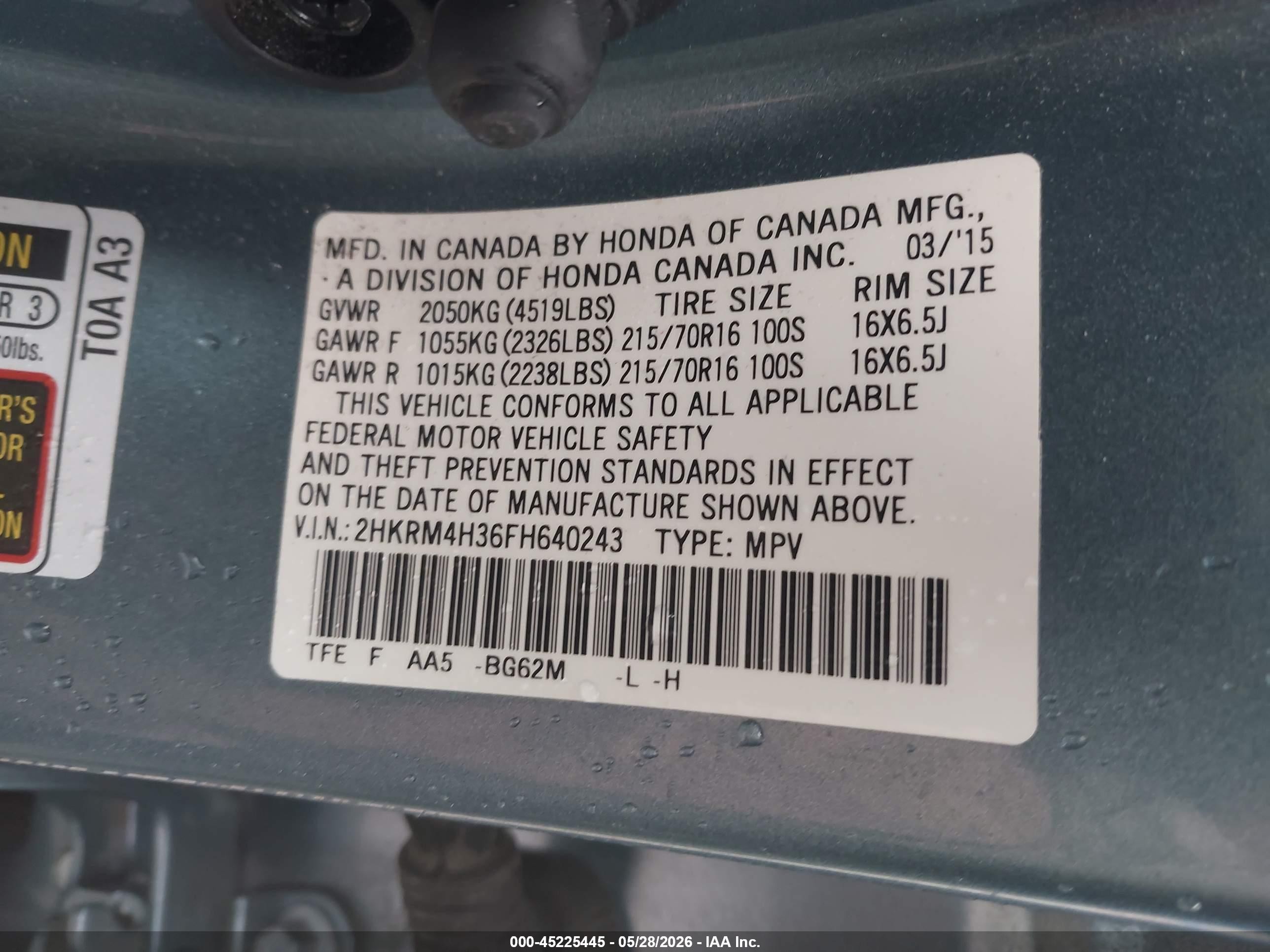 2015 Honda Cr-v Lx Blue vin: 2HKRM4H36FH640243