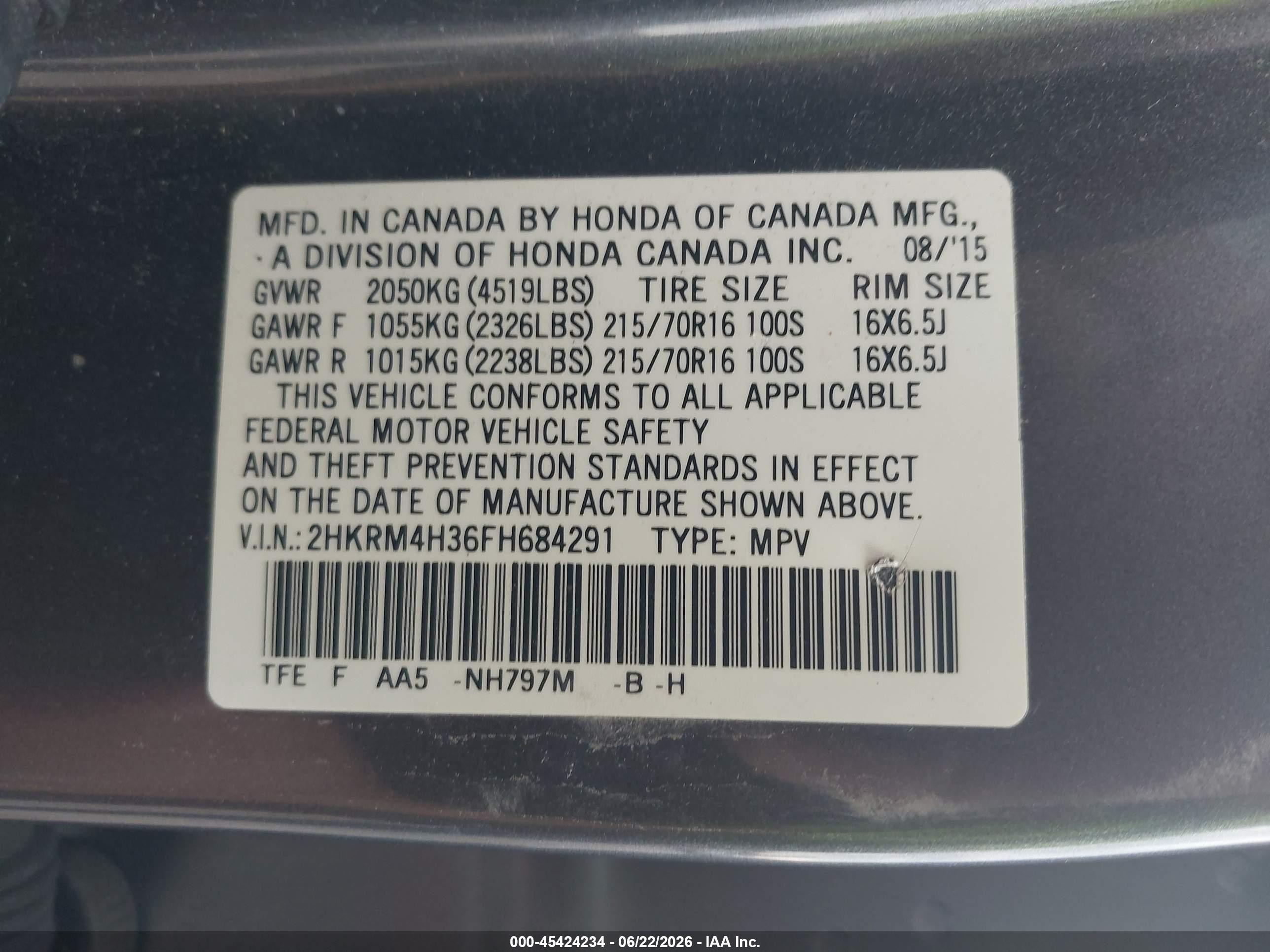 2015 Honda Cr-v Lx Gray vin: 2HKRM4H36FH684291