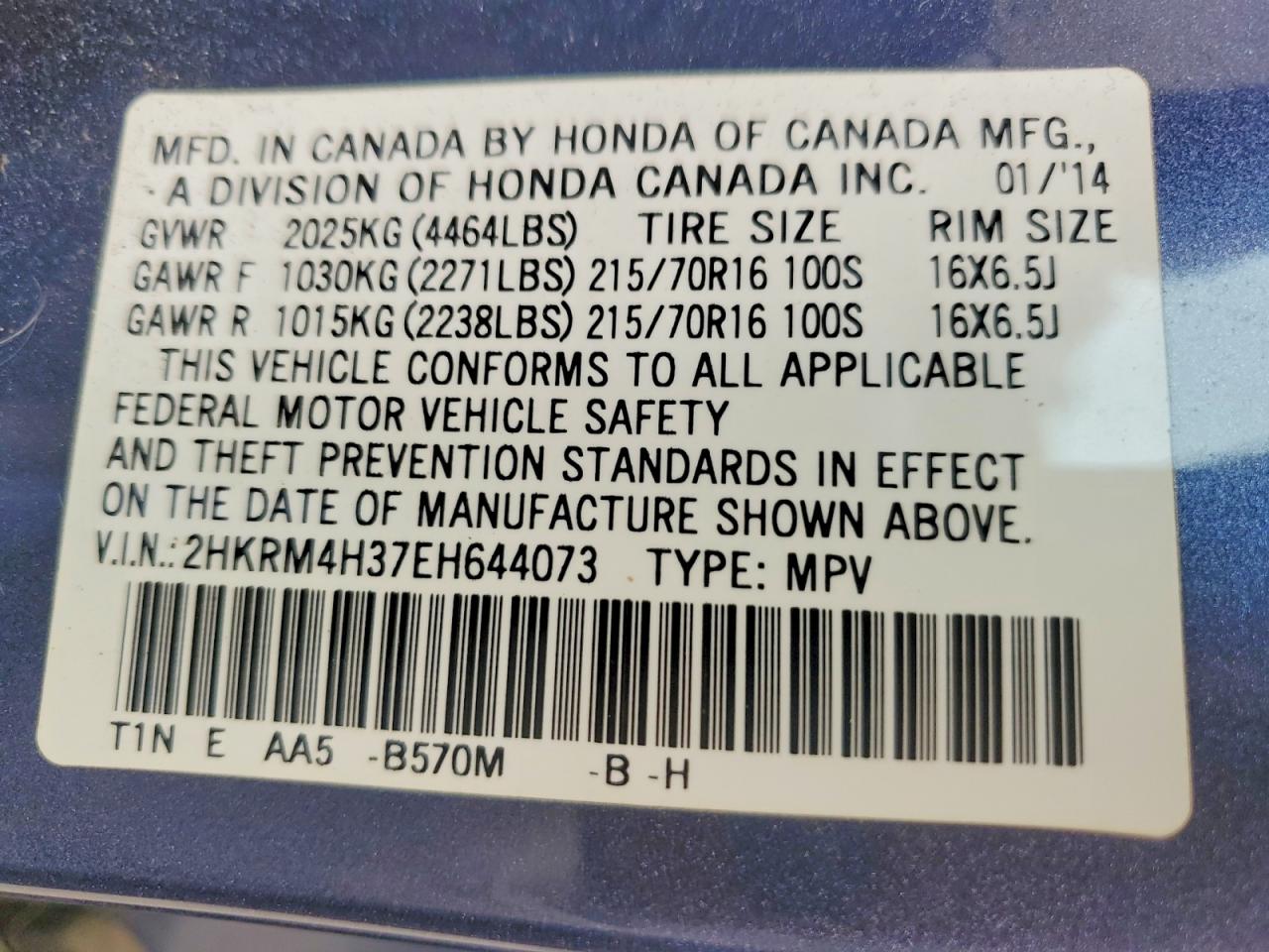 2014 Honda Cr-v Lx Blue vin: 2HKRM4H37EH644073