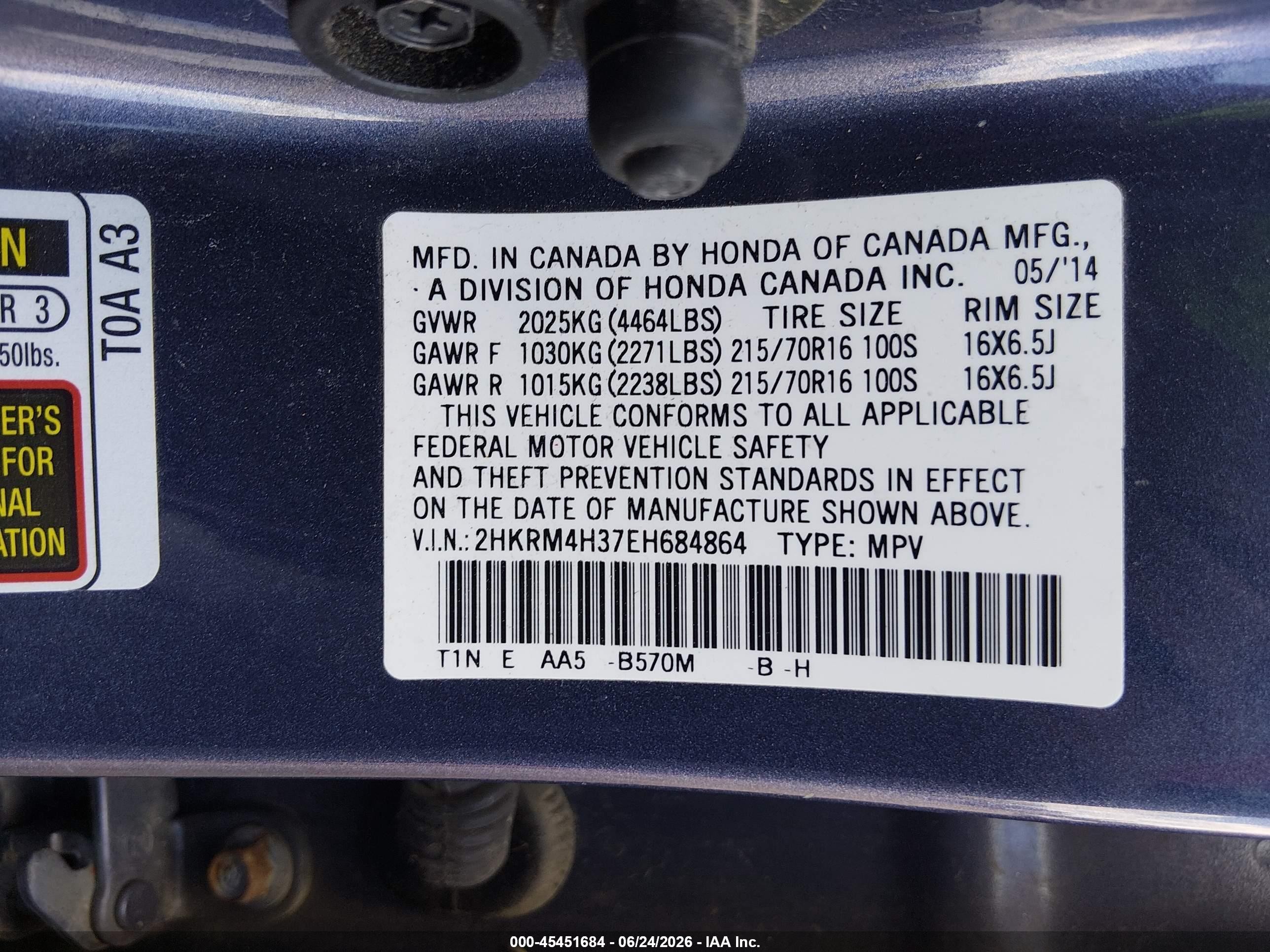 2014 Honda Cr-v Lx Blue vin: 2HKRM4H37EH684864