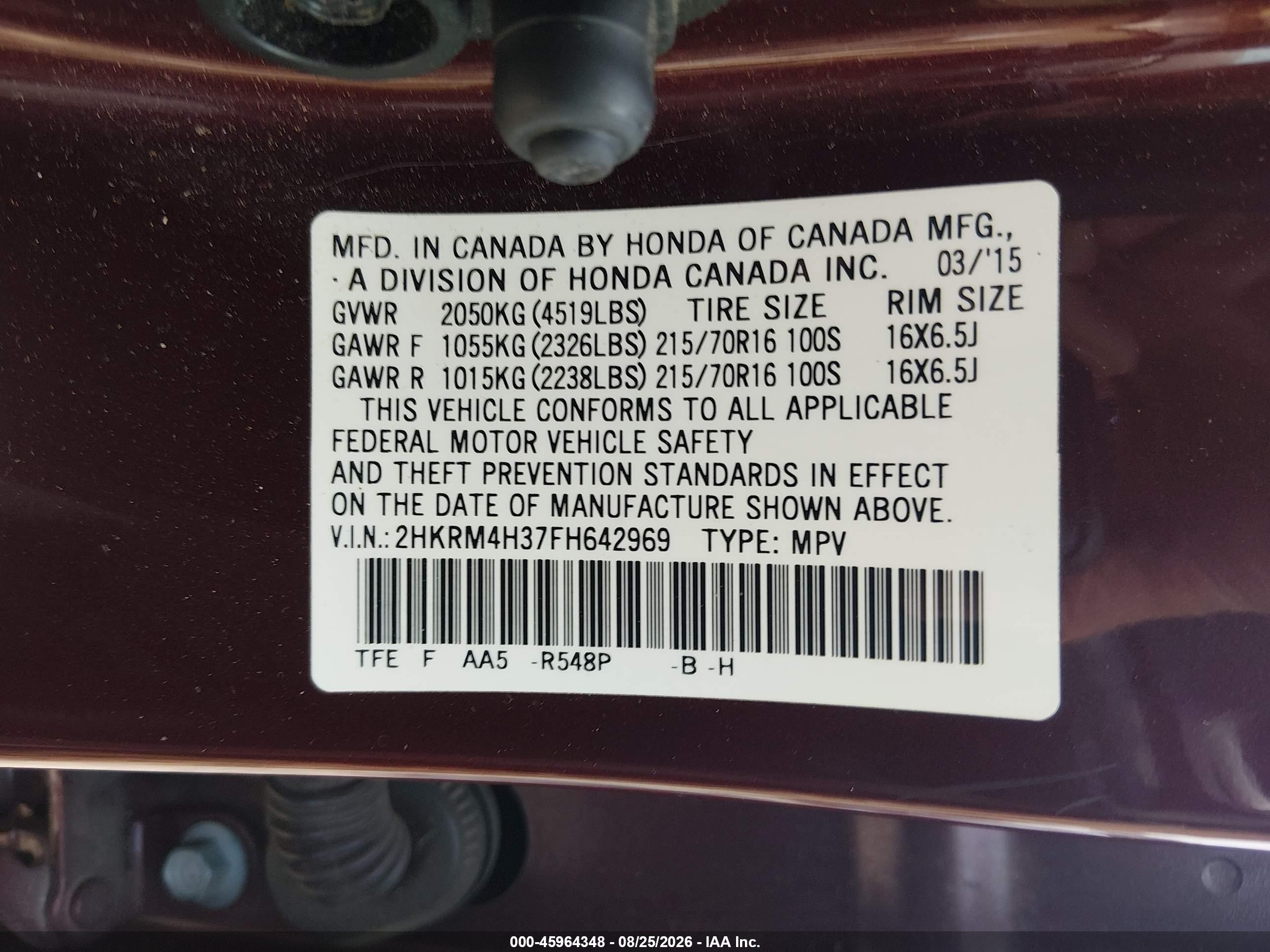 2015 Honda Cr-v Lx Maroon vin: 2HKRM4H37FH642969