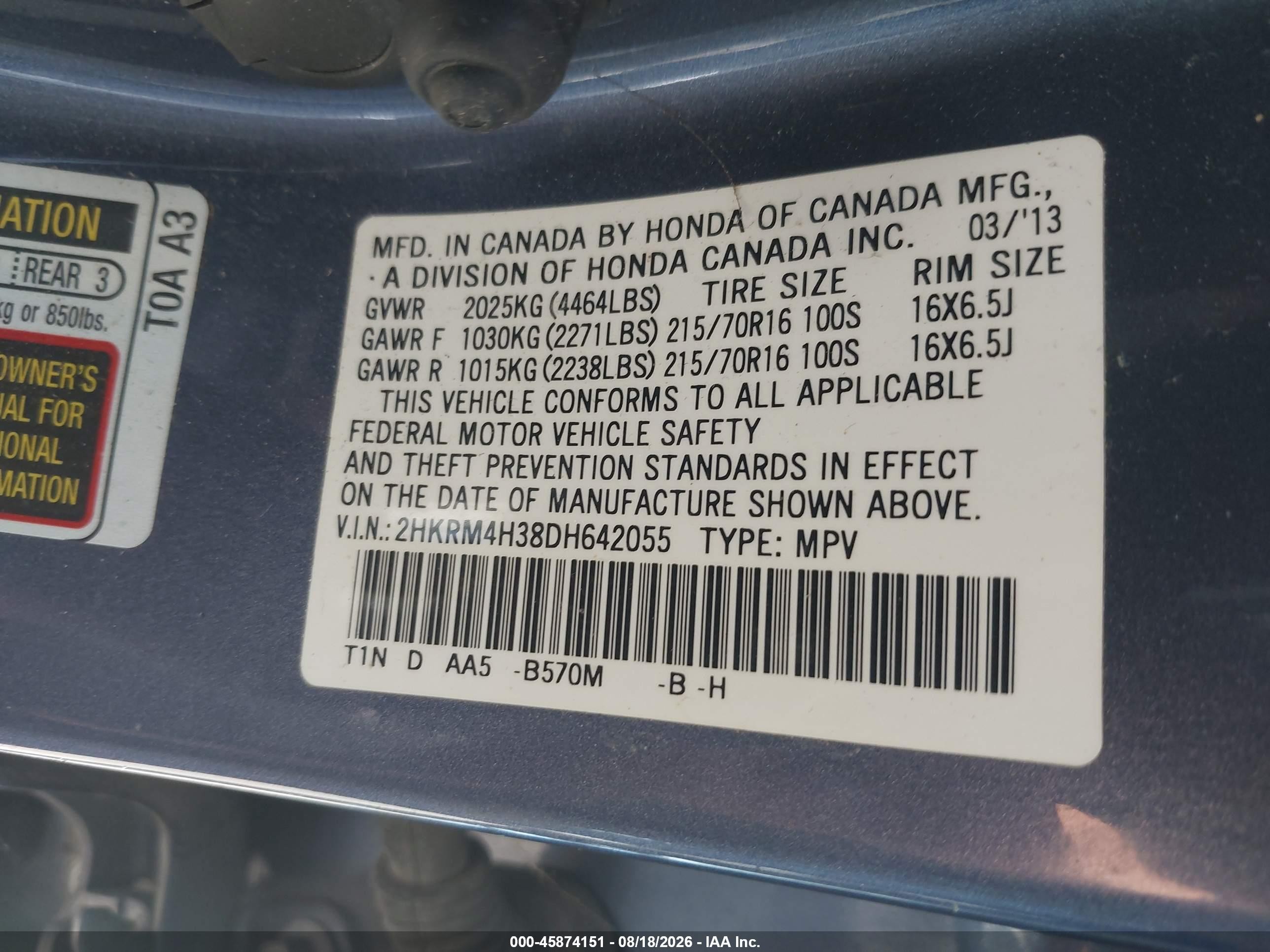2013 Honda Cr-v Lx Blue vin: 2HKRM4H38DH642055