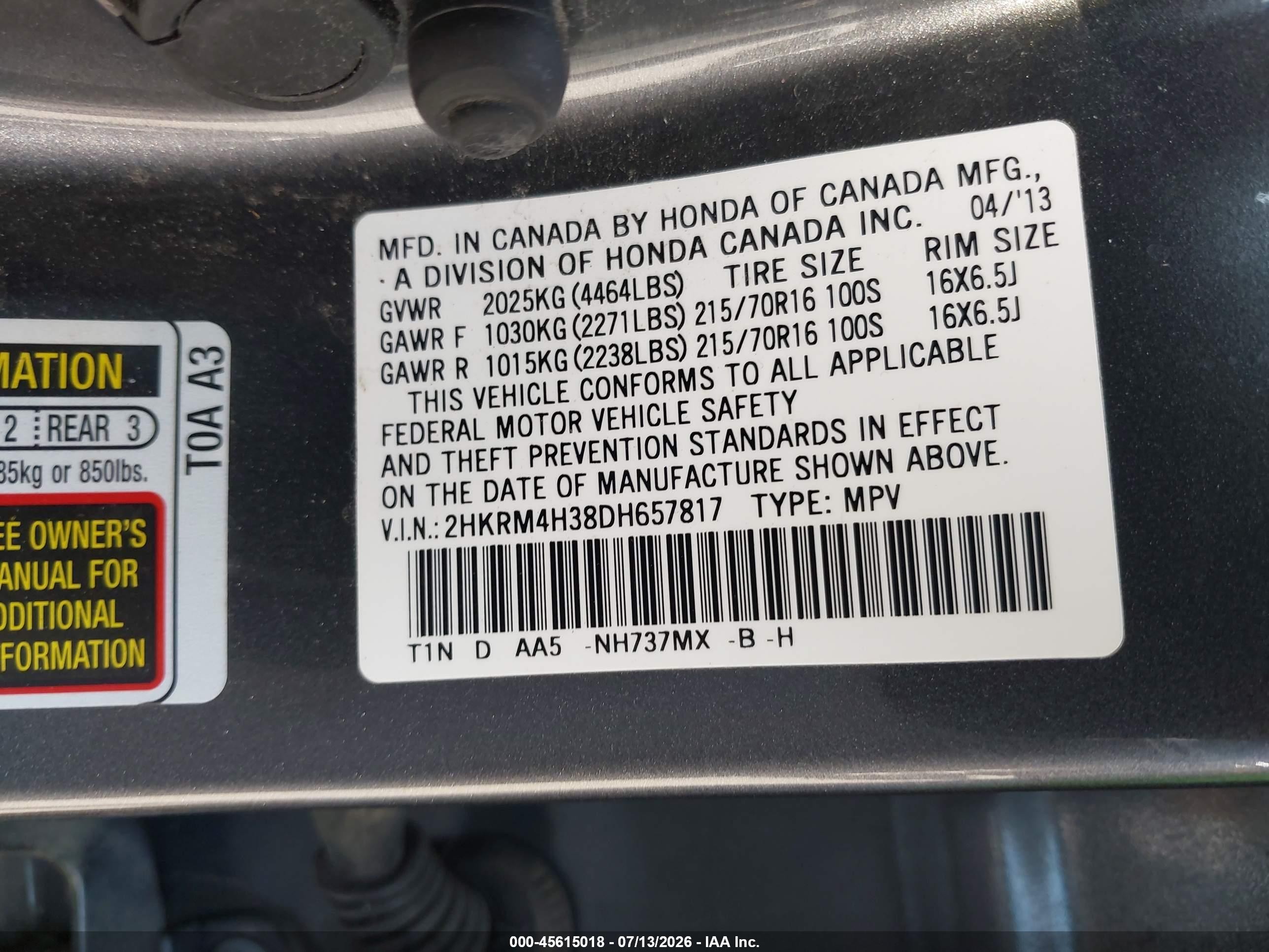 2013 Honda Cr-v Lx Gray vin: 2HKRM4H38DH657817