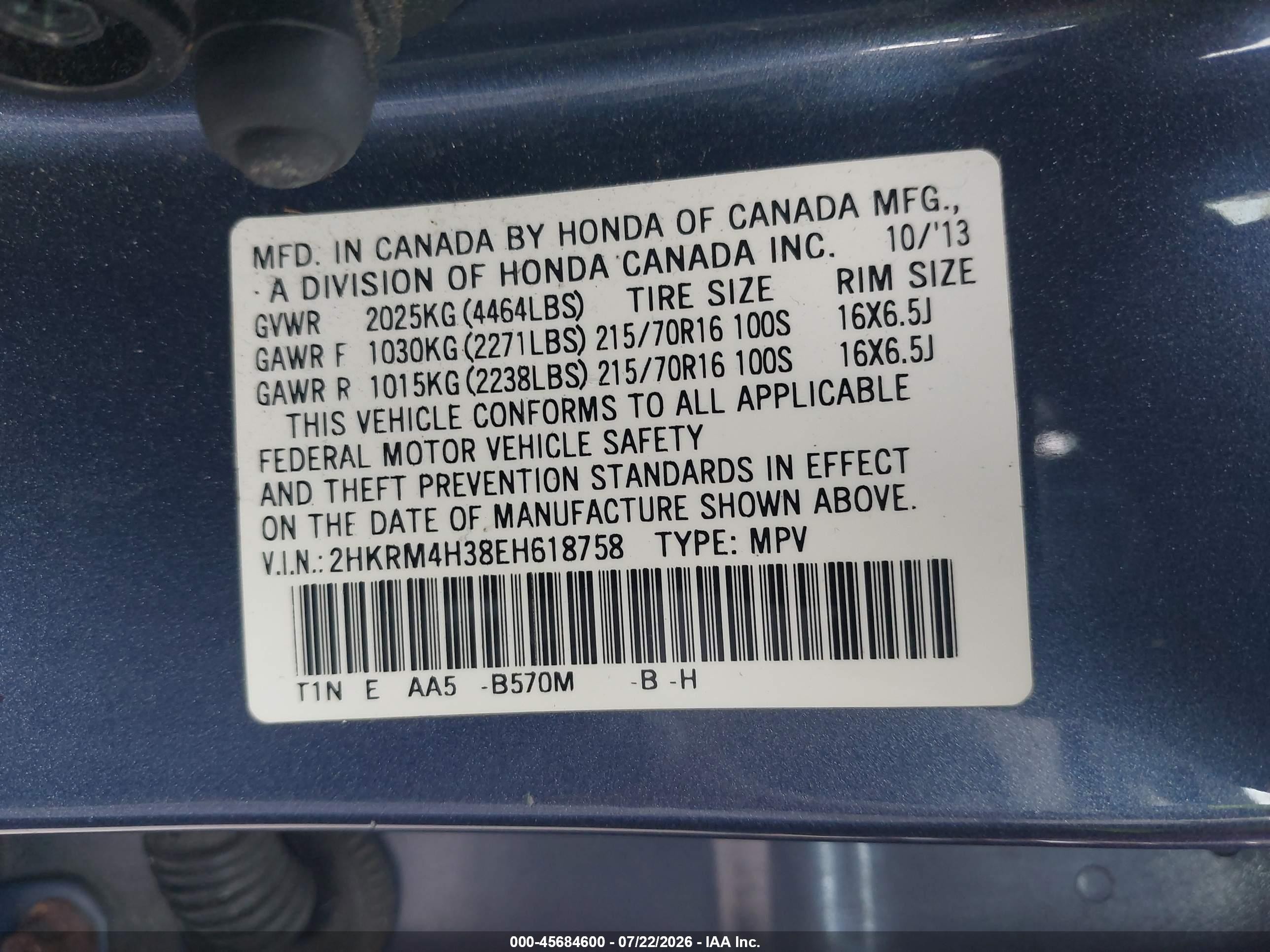 2014 Honda Cr-v Lx Blue vin: 2HKRM4H38EH618758