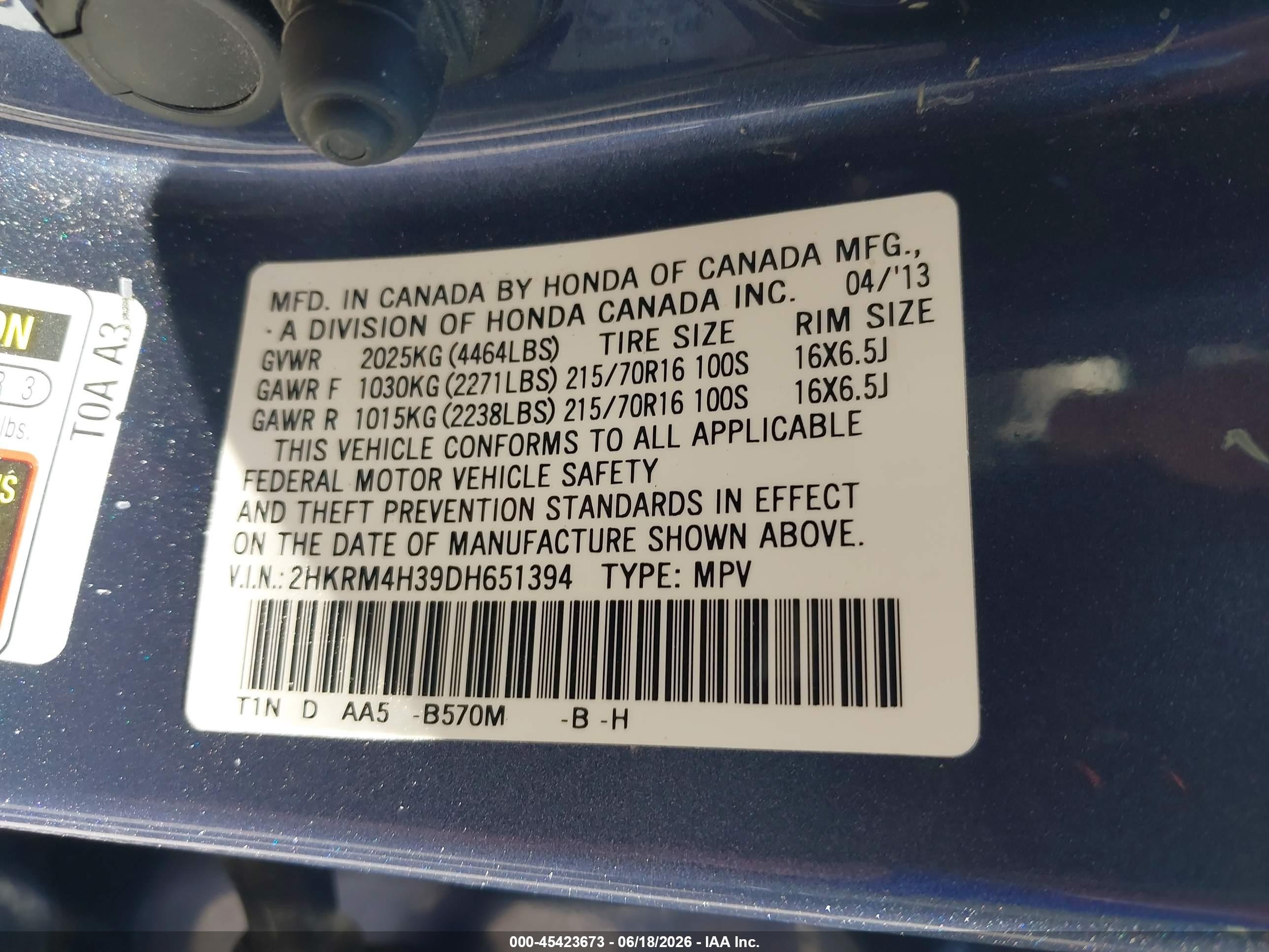 2013 Honda Cr-v Lx Blue vin: 2HKRM4H39DH651394