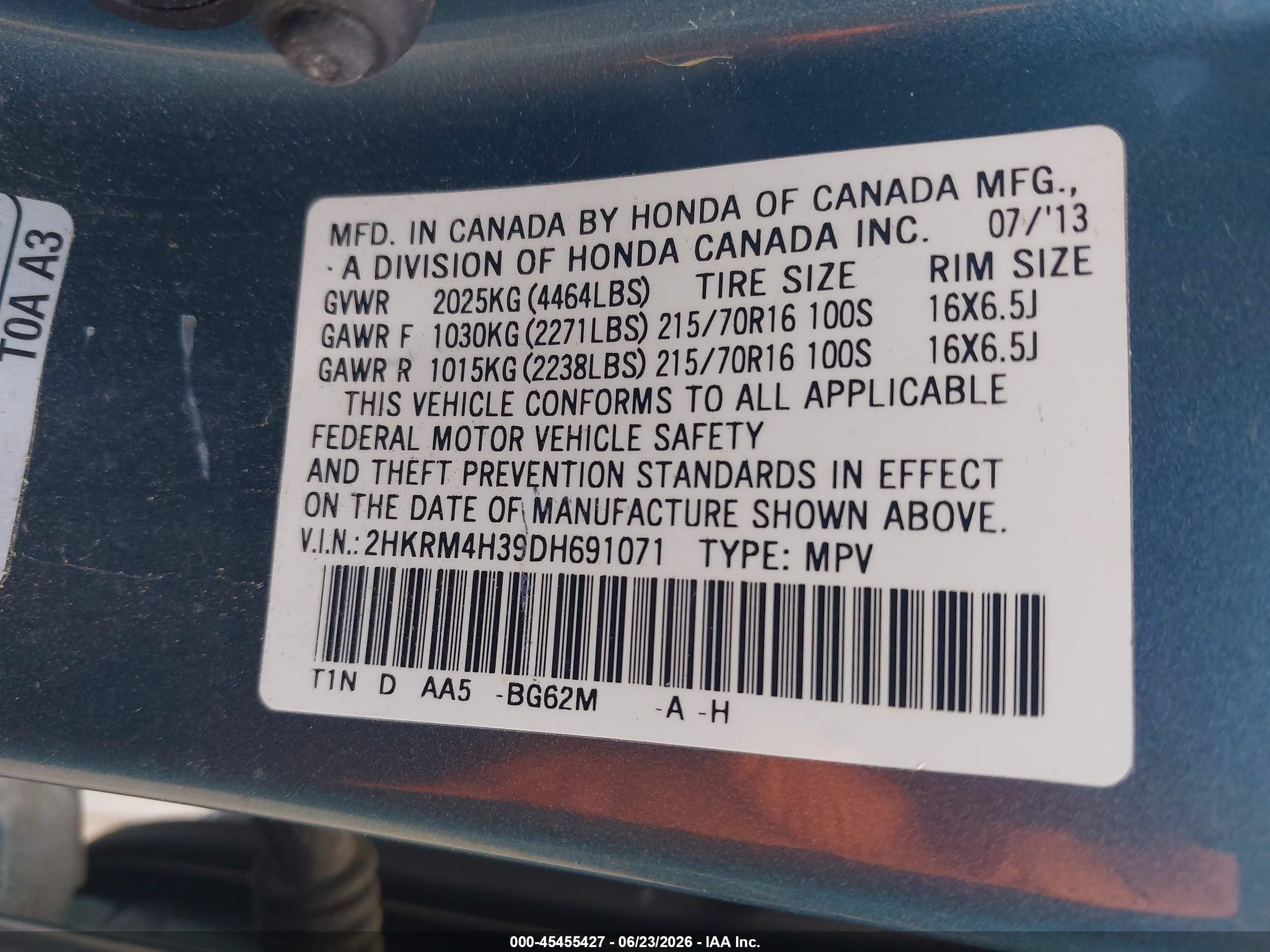 2013 Honda Cr-v Lx Teal vin: 2HKRM4H39DH691071