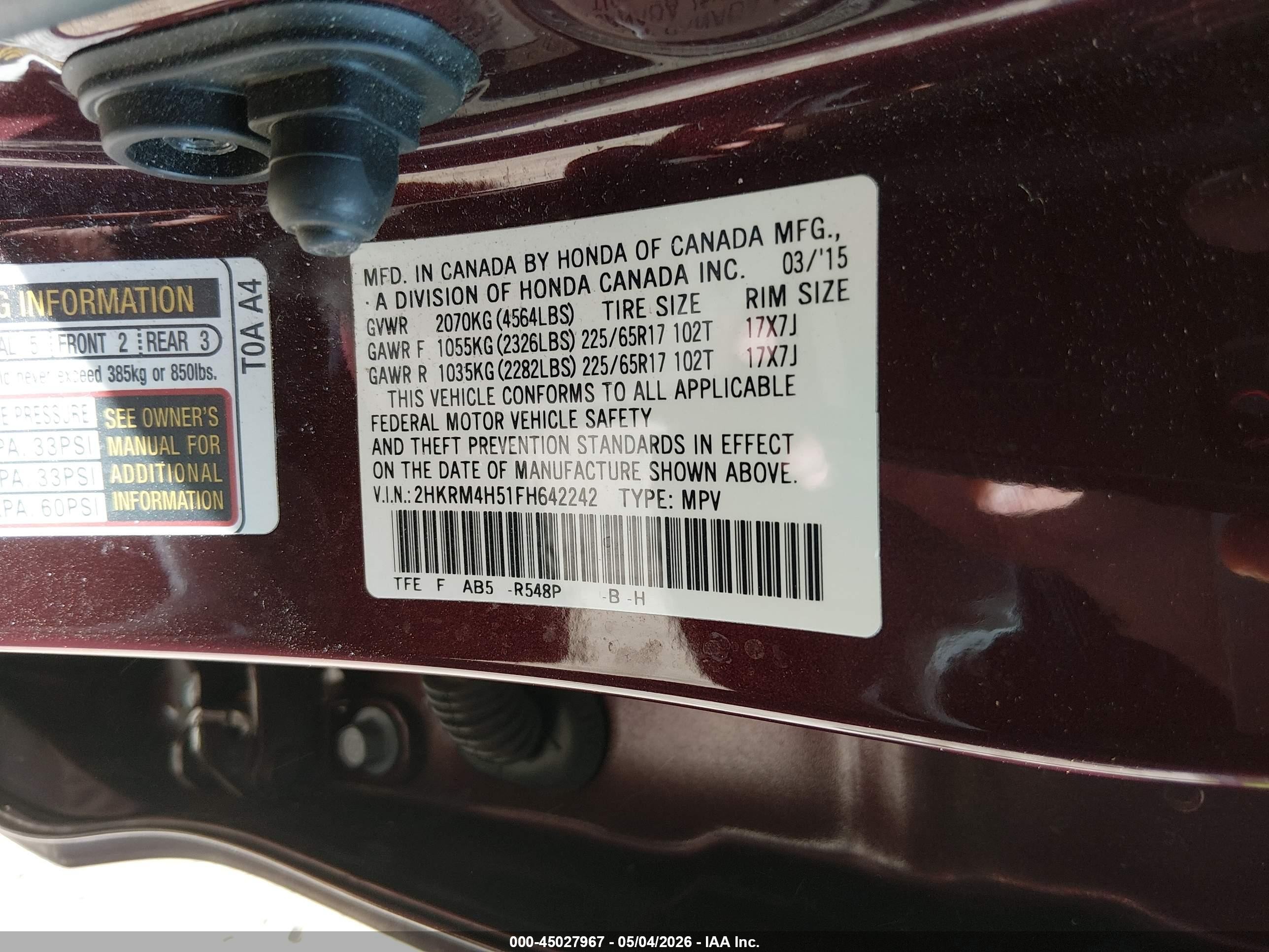 2015 Honda Cr-v Ex Темно-бордовый vin: 2HKRM4H51FH642242