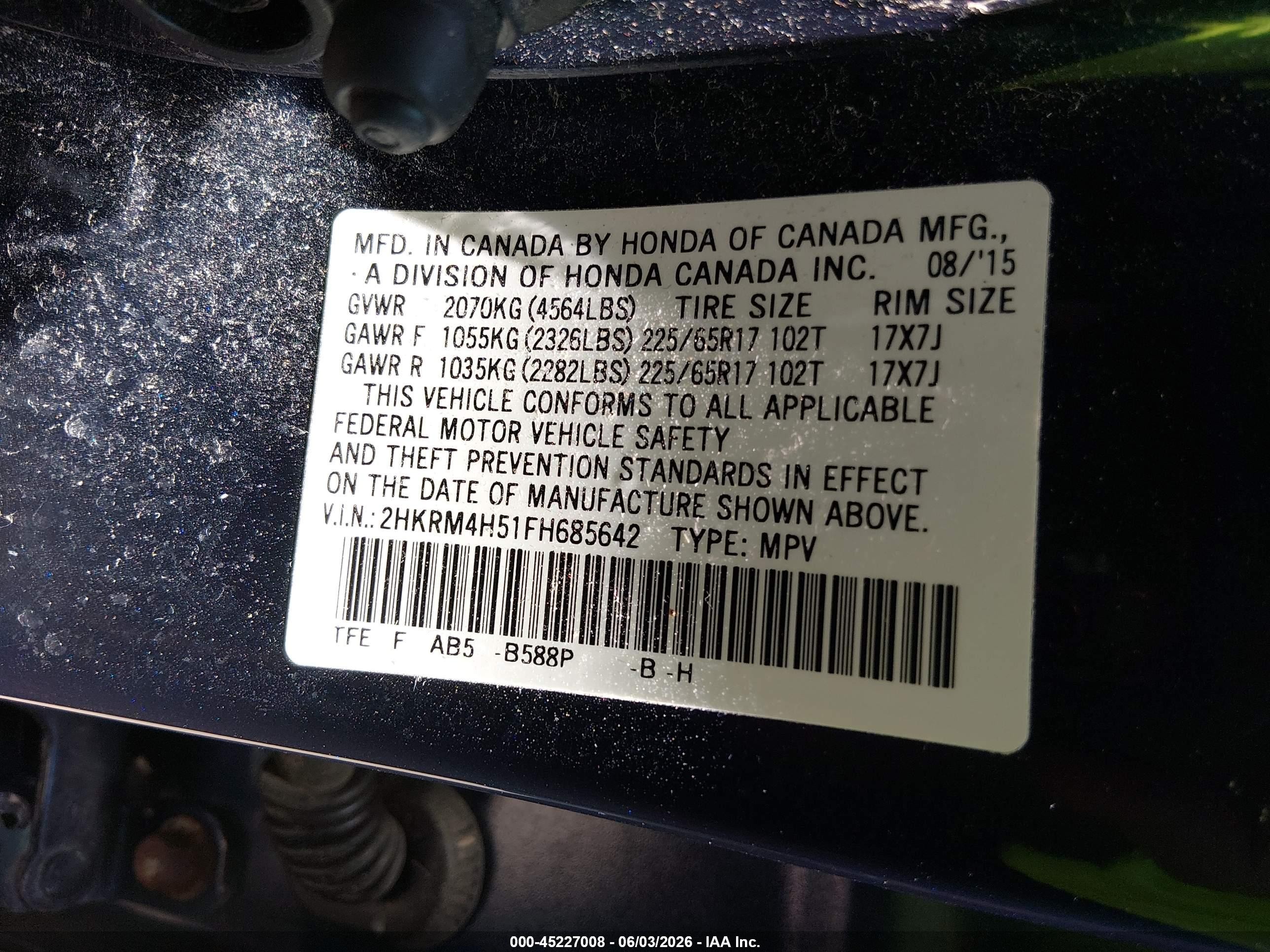 2015 Honda Cr-v Ex Blue vin: 2HKRM4H51FH685642