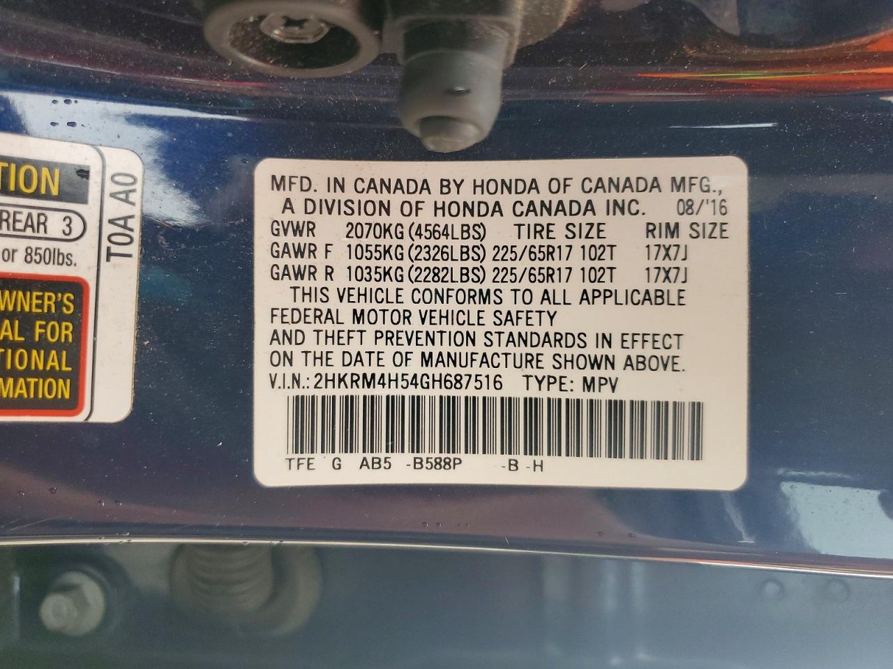 2016 Honda Cr-v Ex Blue vin: 2HKRM4H54GH687516