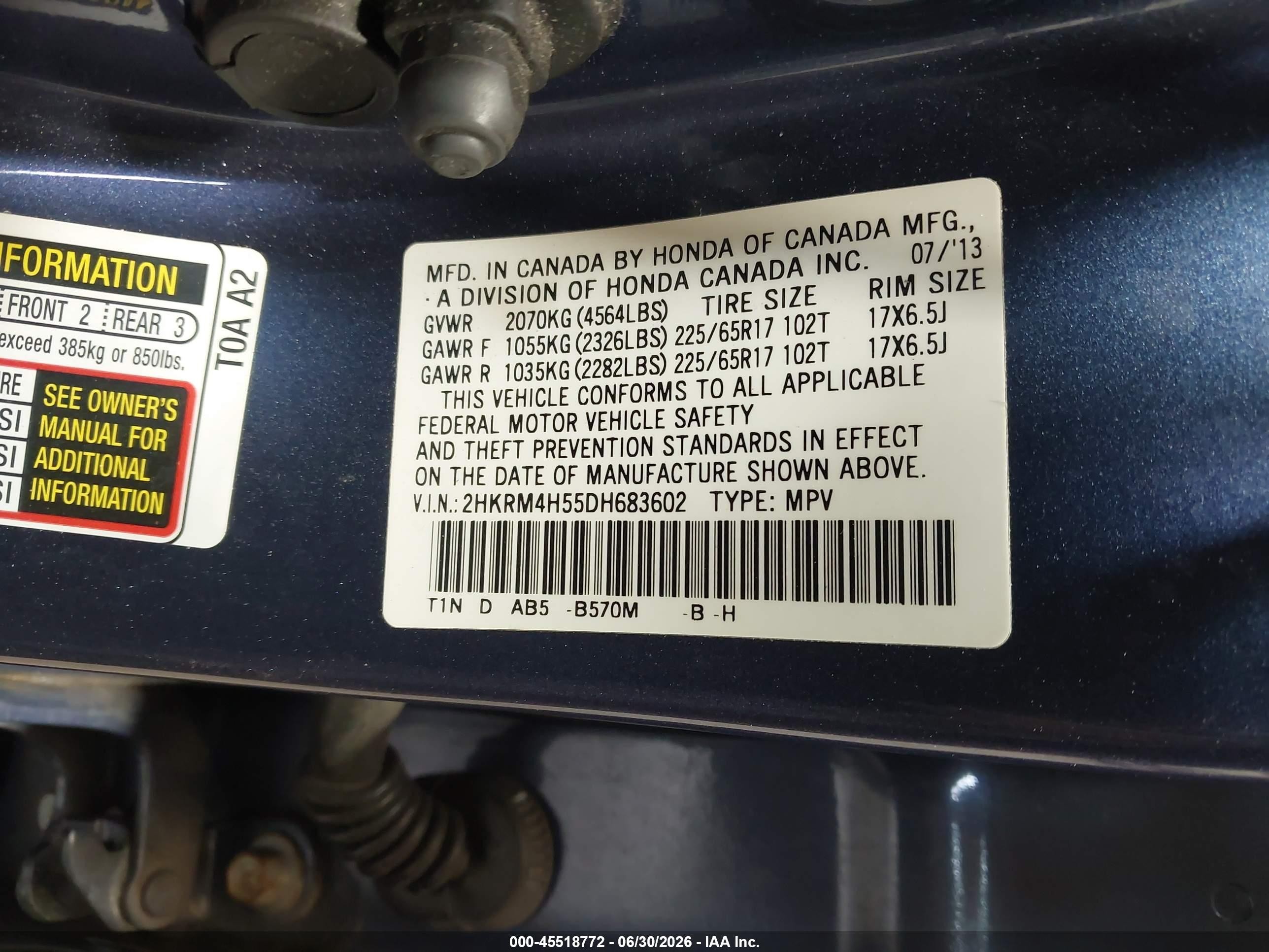 2013 Honda Cr-v Ex Blue vin: 2HKRM4H55DH683602