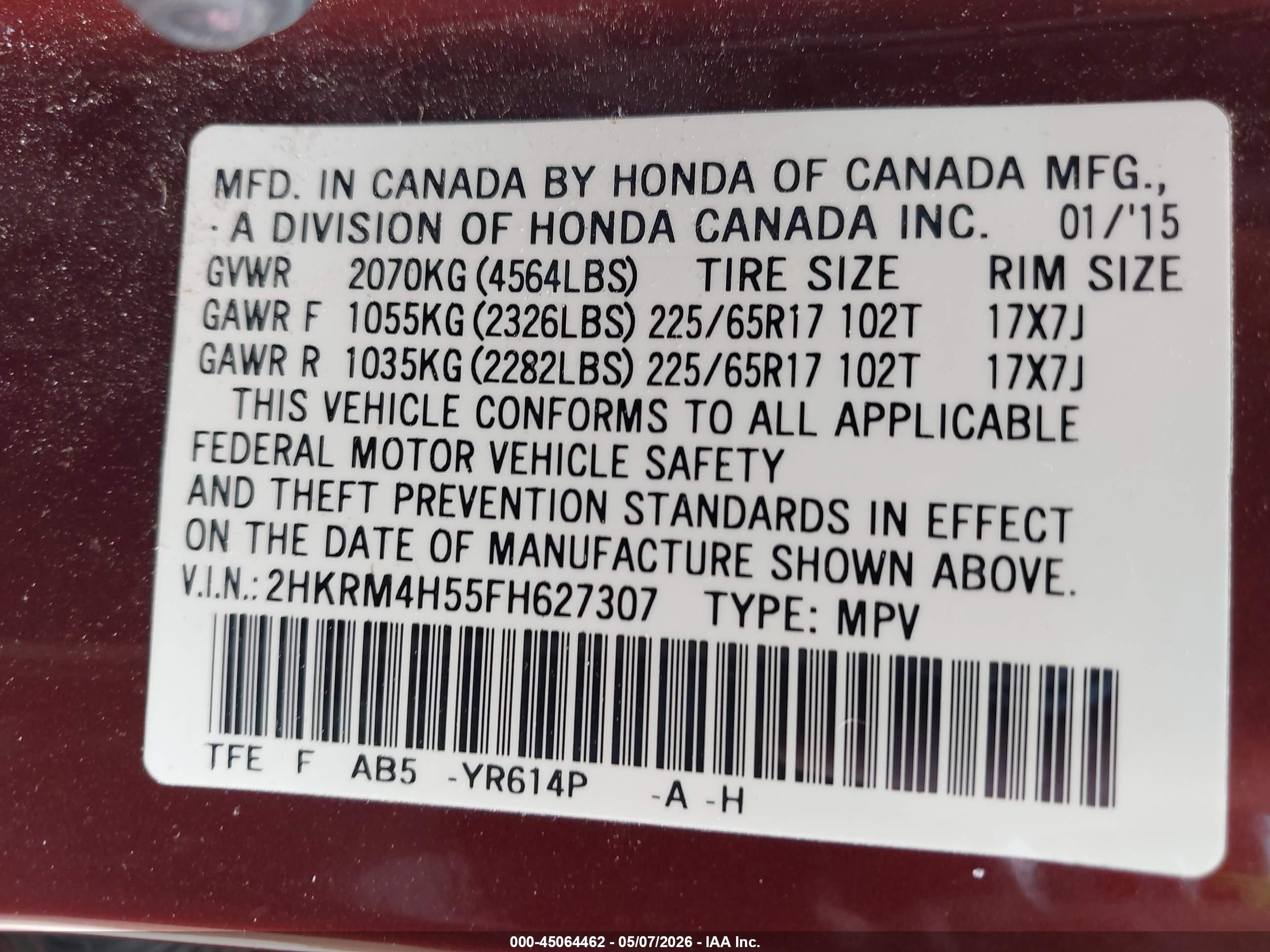 2015 Honda Cr-v Ex Maroon vin: 2HKRM4H55FH627307