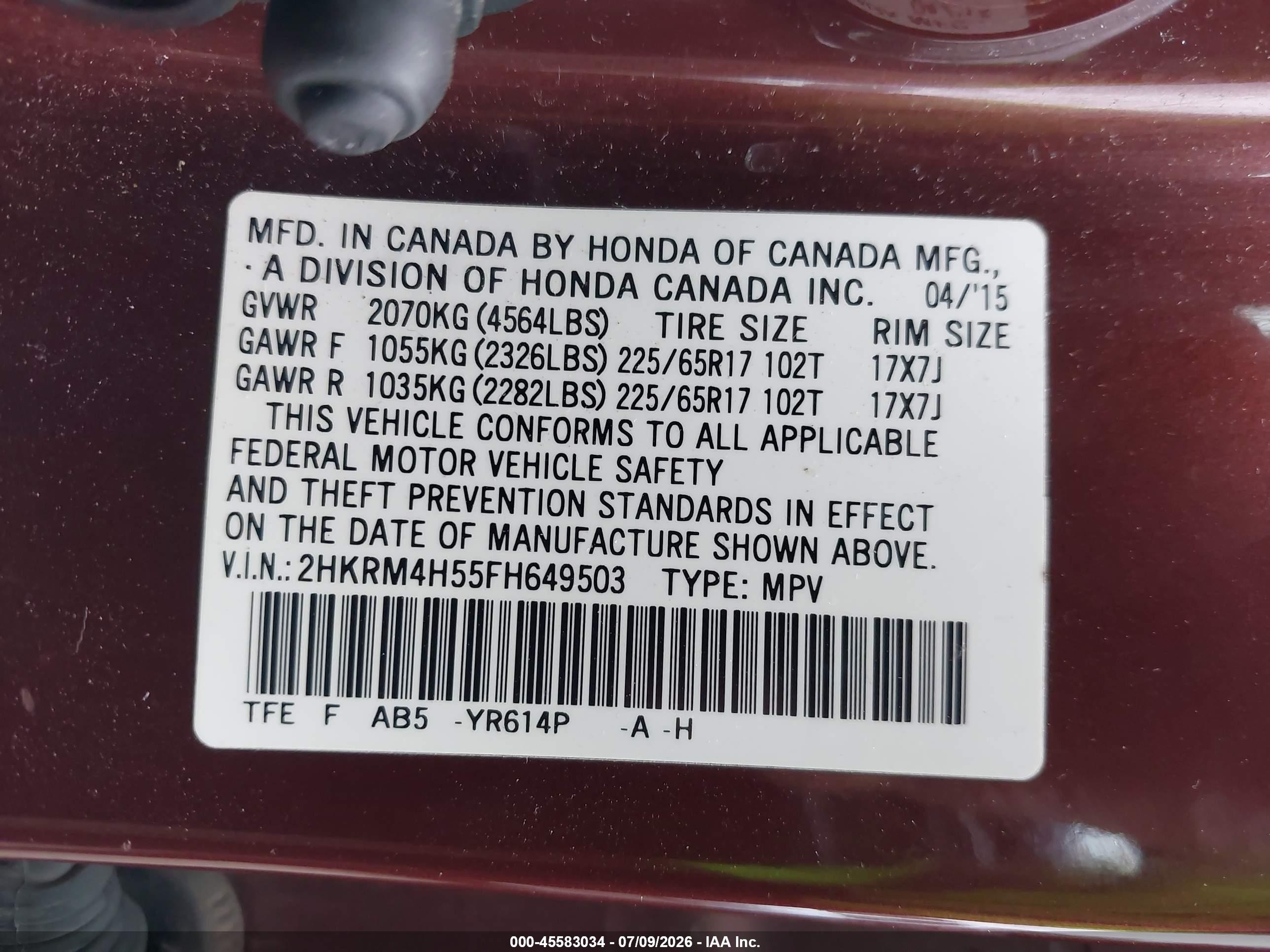 2015 Honda Cr-v Ex Orange vin: 2HKRM4H55FH649503