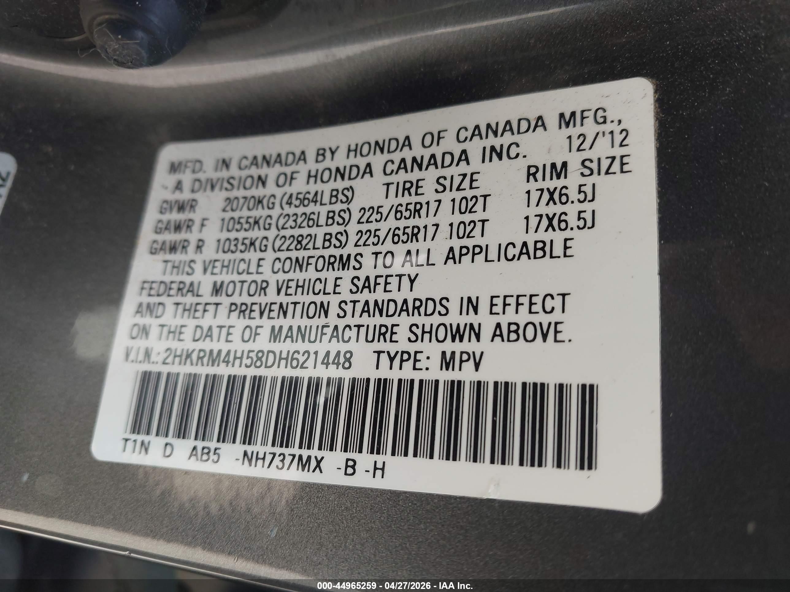 2013 Honda Cr-v Ex Gray vin: 2HKRM4H58DH621448