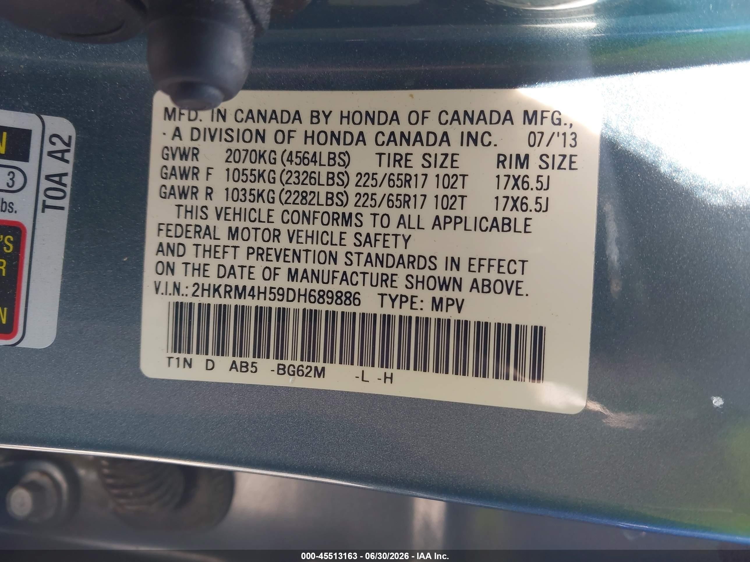 2013 Honda Cr-v Ex Blue vin: 2HKRM4H59DH689886