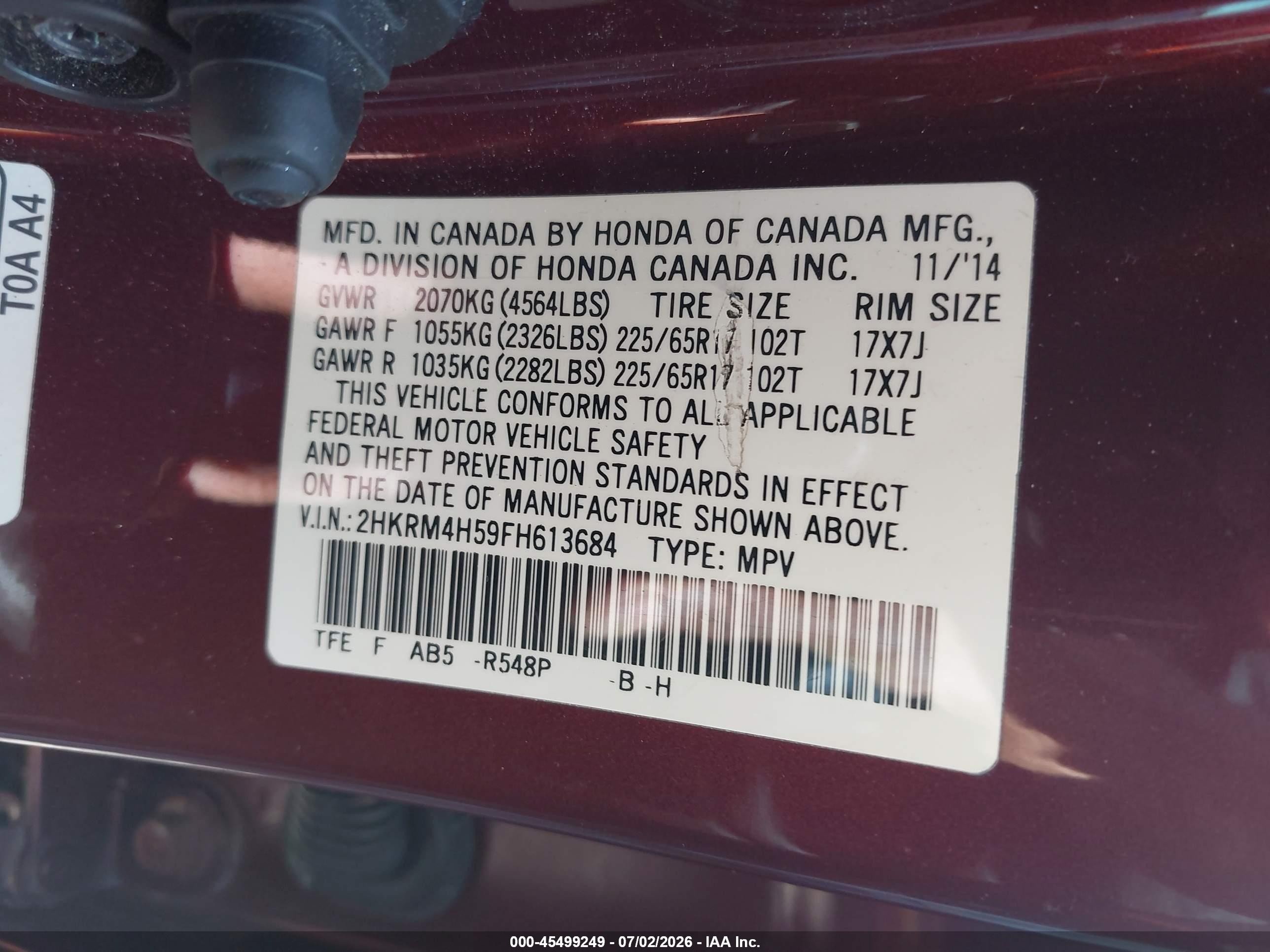 2015 Honda Cr-v Ex Burgundy vin: 2HKRM4H59FH613684