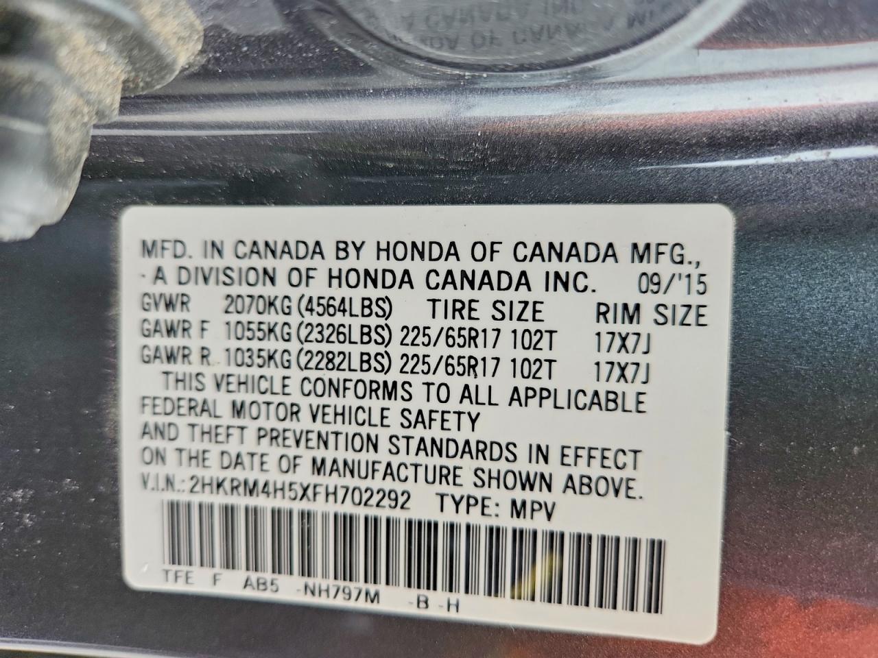 2015 Honda Cr-v Ex Charcoal vin: 2HKRM4H5XFH702292