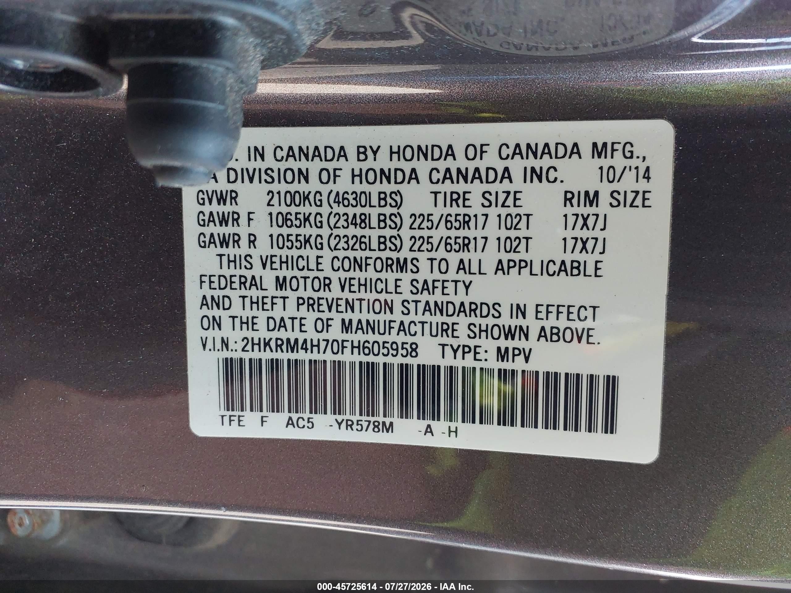 2015 Honda Cr-v Ex-l Champagne vin: 2HKRM4H70FH605958